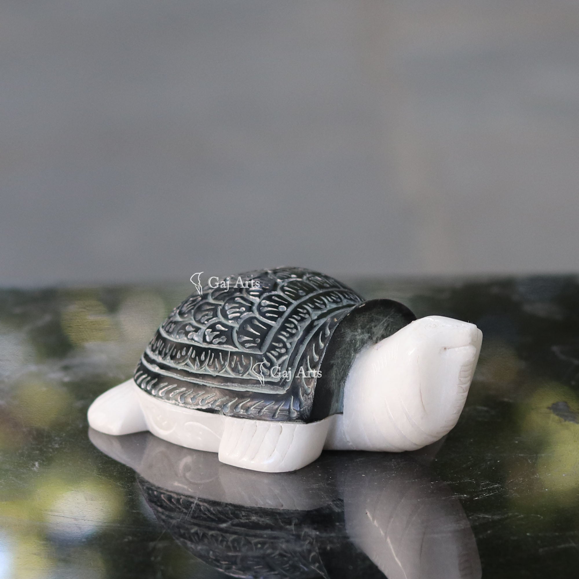 White & Black Marble Kachua Tortoise Statue | 5 Inch
