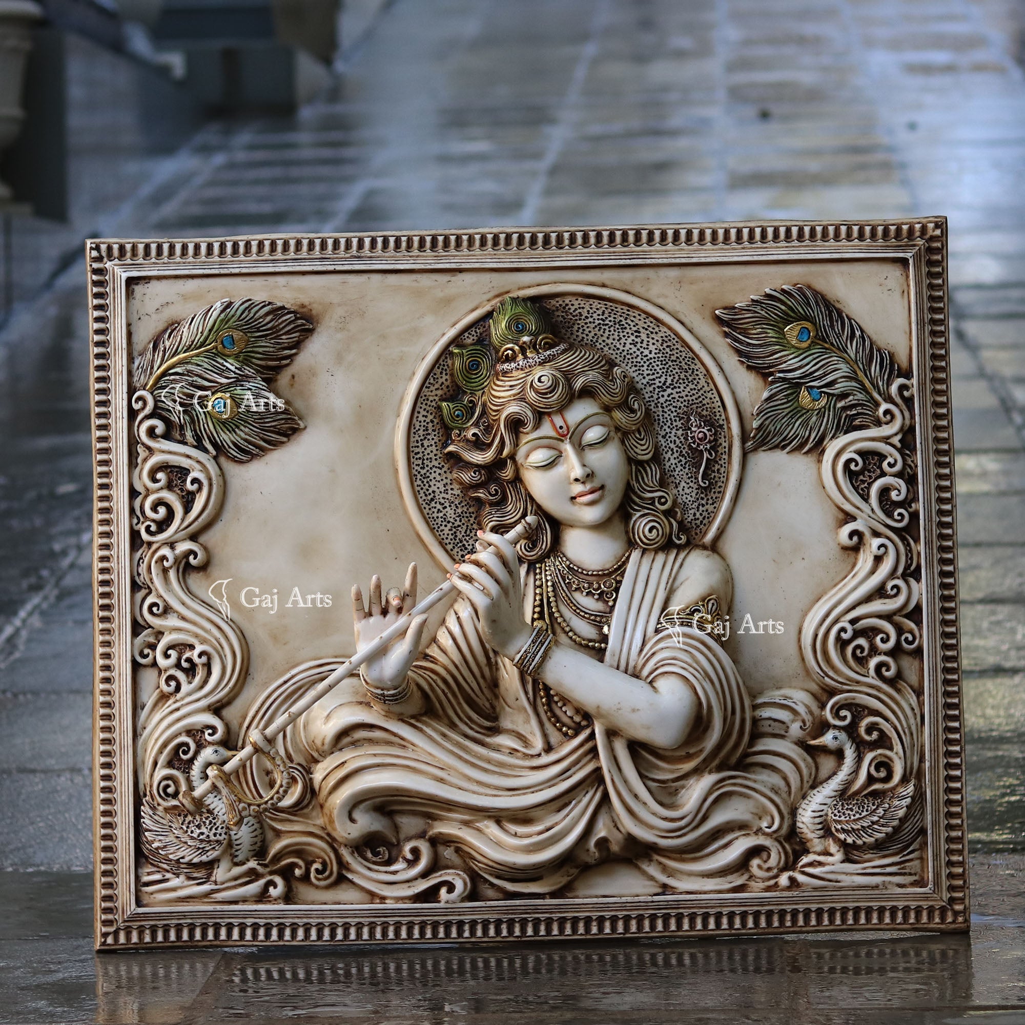 White Antique Finish Marble Korian Krishna Panel | 36 Inch