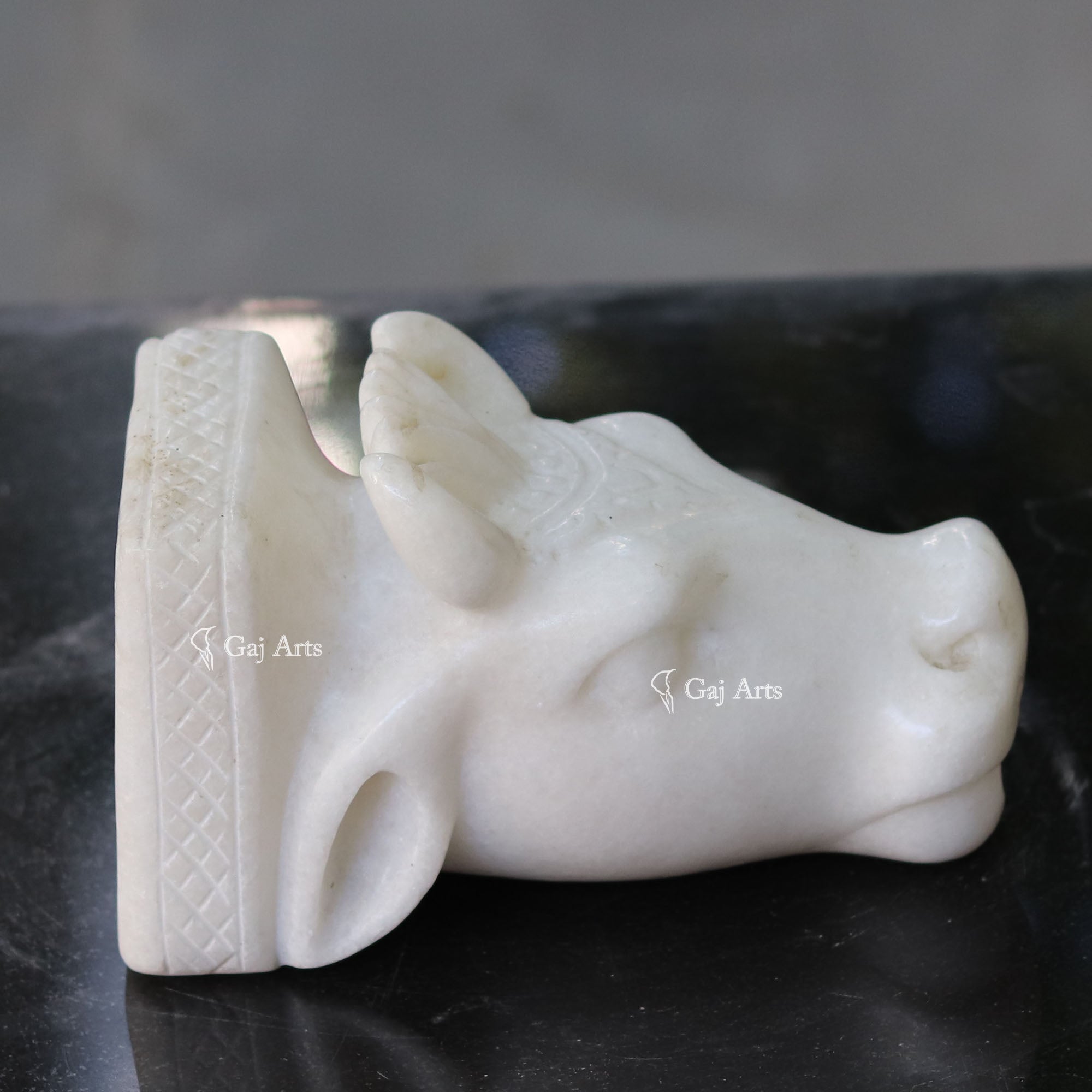 White Marble Waterfall Gaumukh Cow Sculpture | 7 Inch