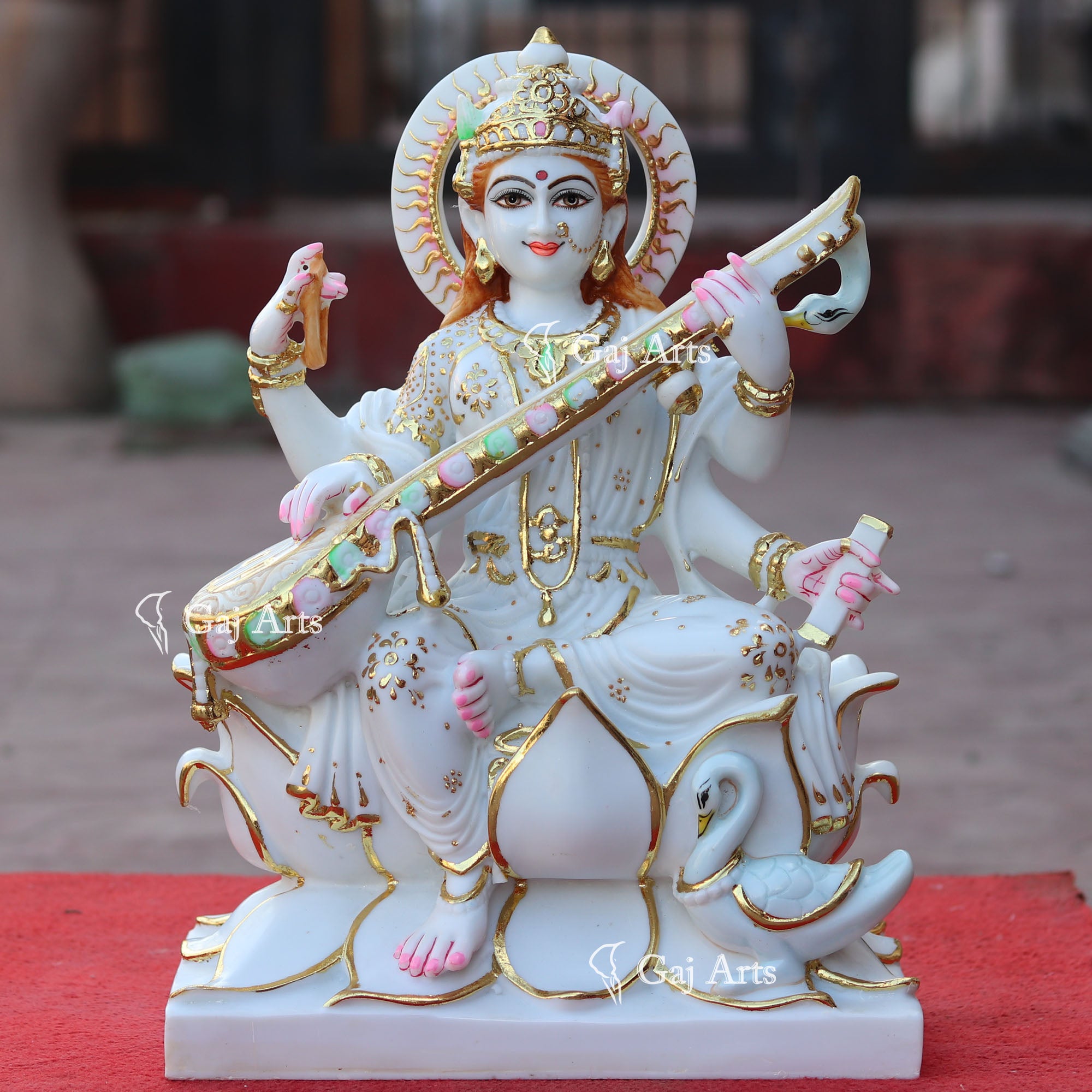 White Marble Saraswati Mata Idol | 18 Inch