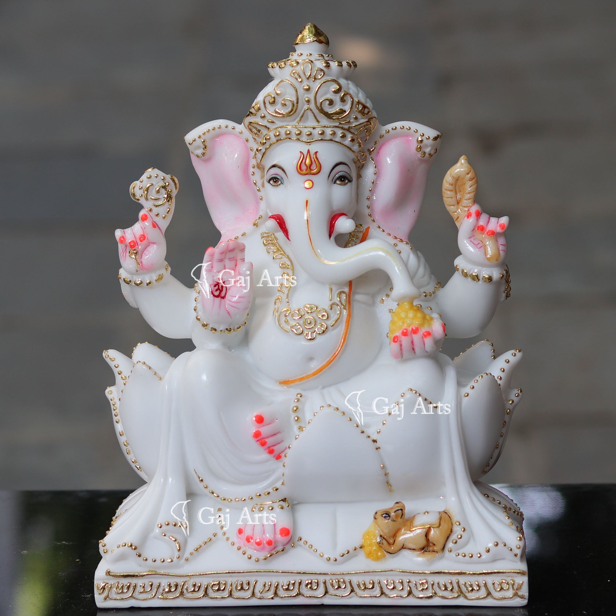 White Marble Ganesh Idol on Lotus Base | 12 Inch