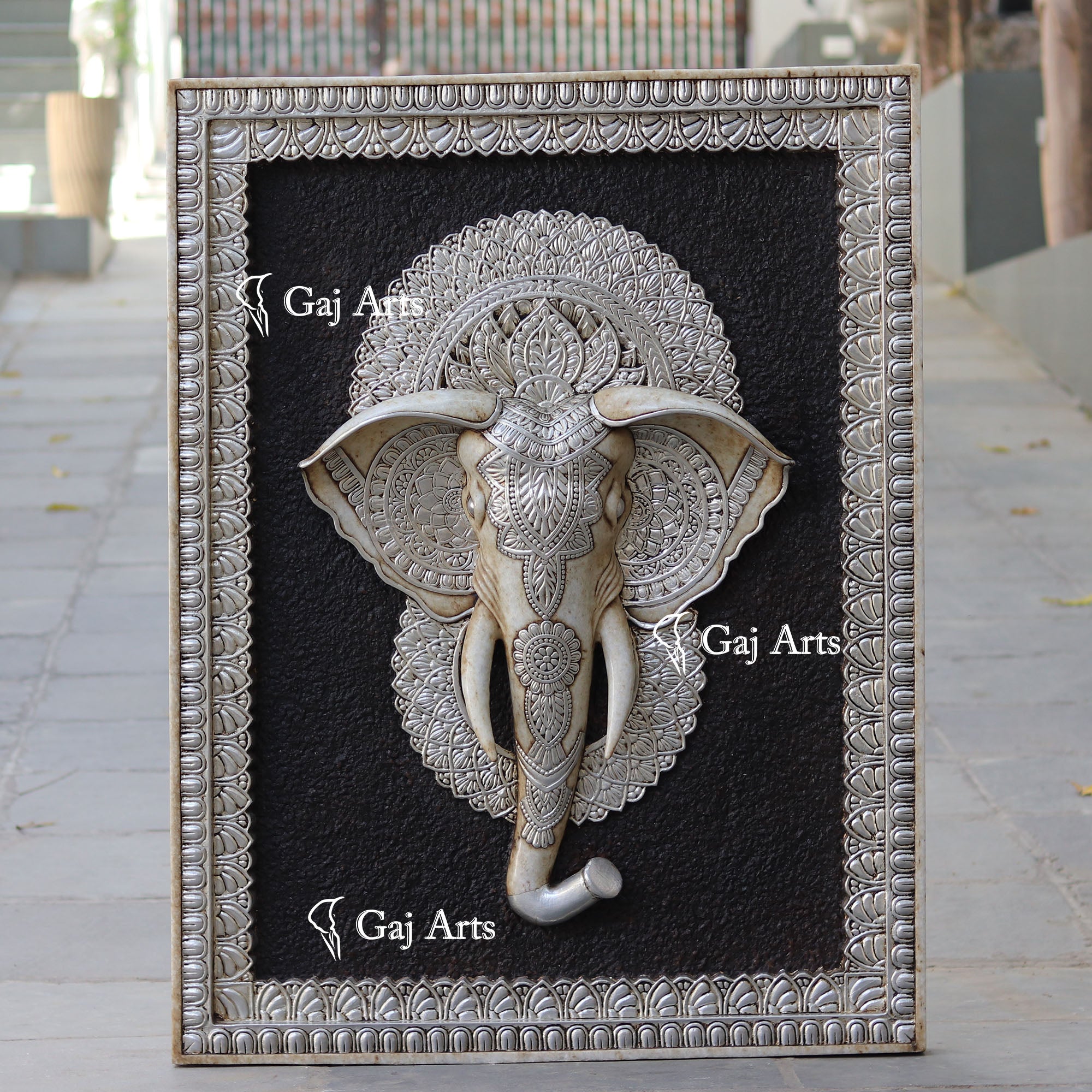 White Antique Finish Marble Elephant Face Wall Panel Silver Art | 48 Inch