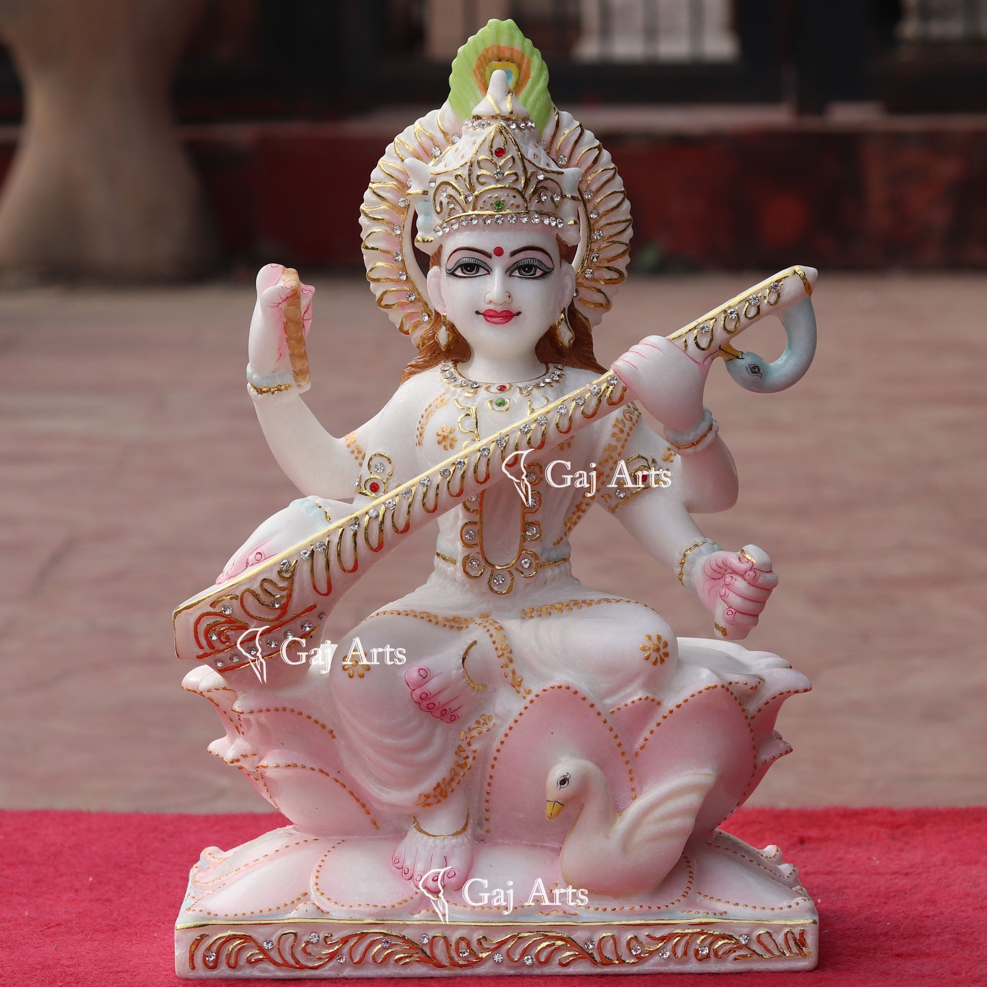 White Marble Saraswati Mata Idol | 15 Inch