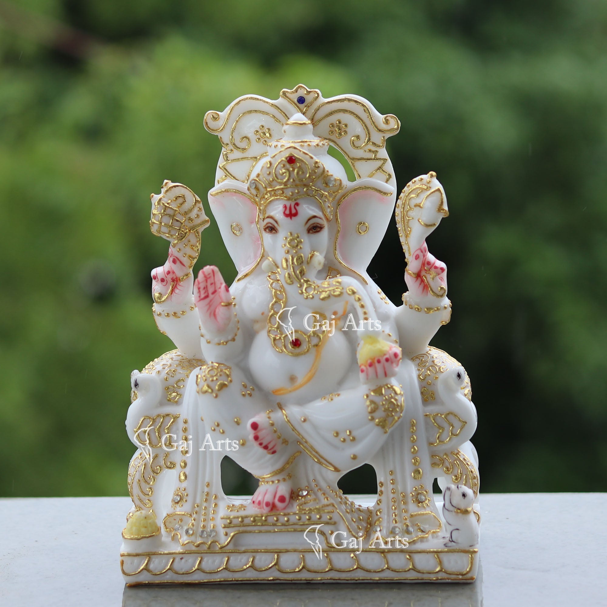 Decorative Marble Ganpati Idol with Gold Detailing | 7 Inch