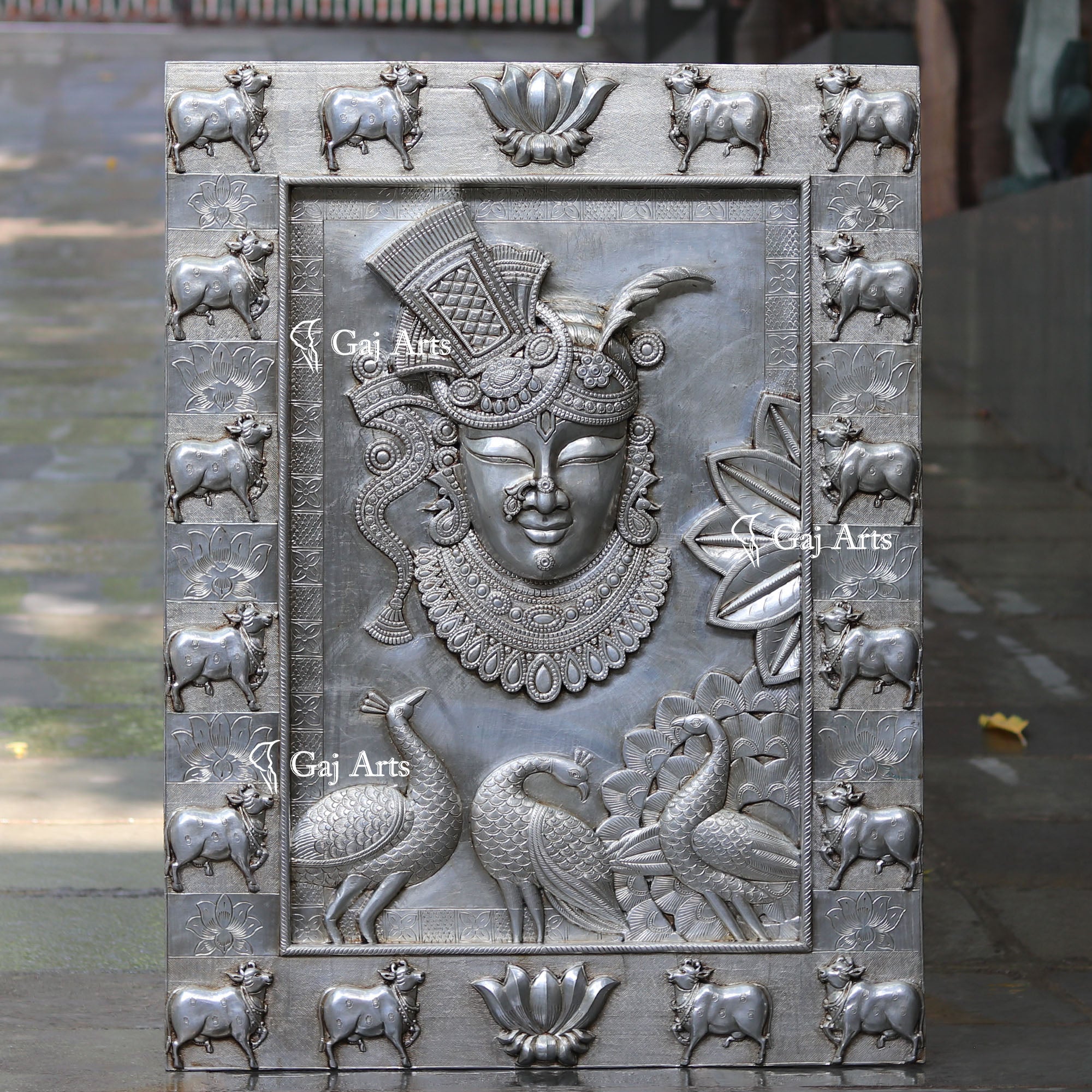 Wooden Shreenath Ji Wall Panel  Silver Art| 48 Inch