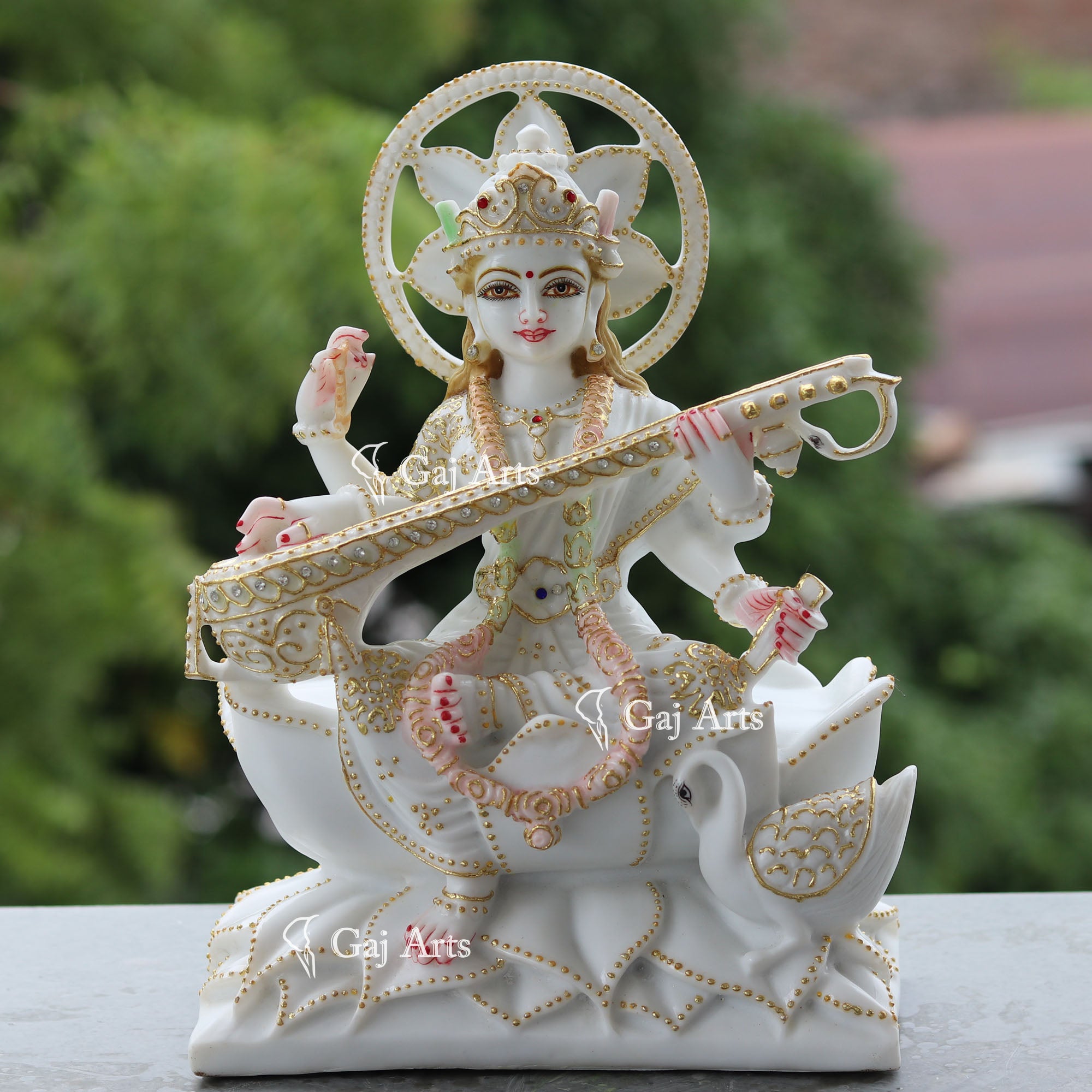 White Marble Saraswati Mata Statue | 12 Inch
