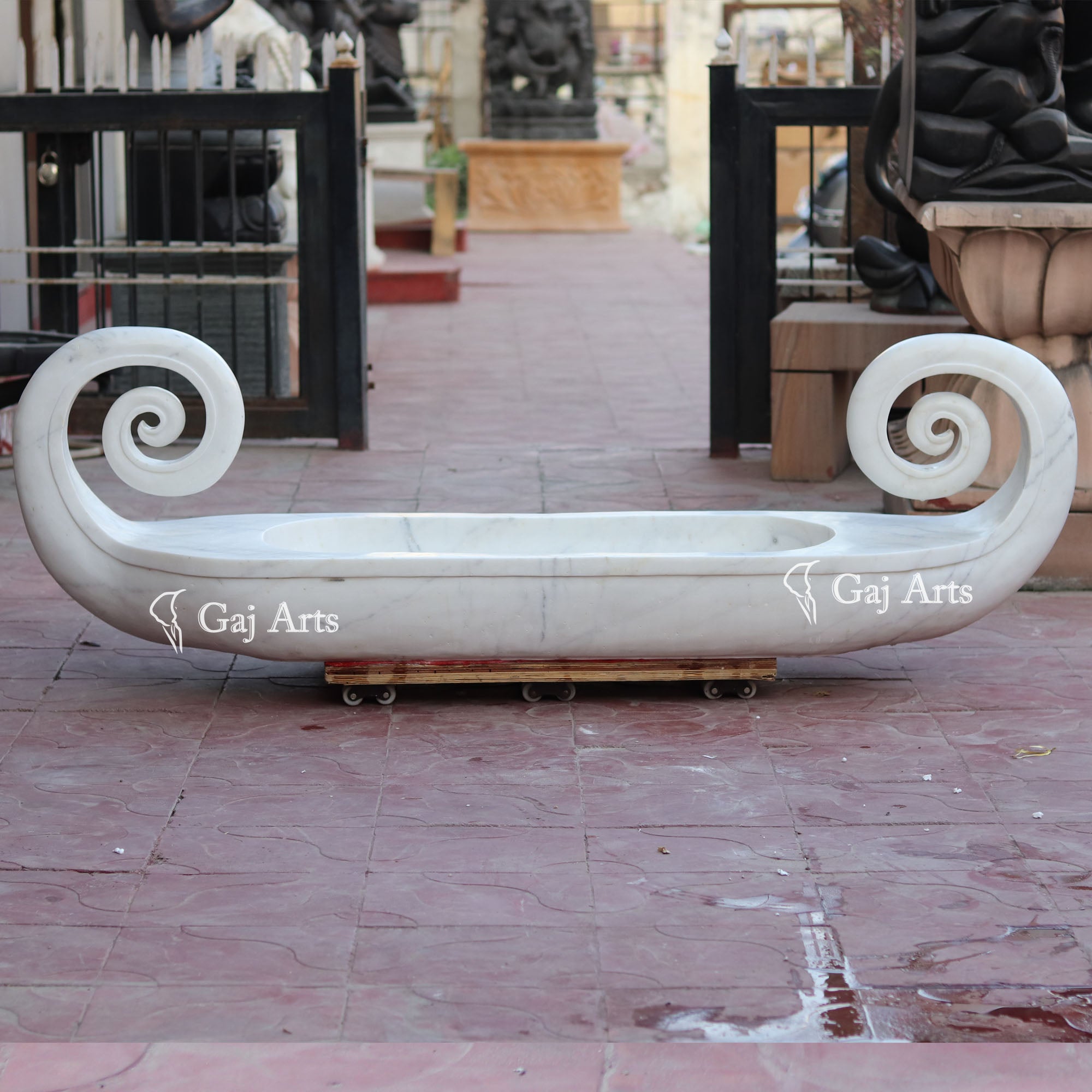 White Satwariya Marble Boat Sculpture | 72 Inch