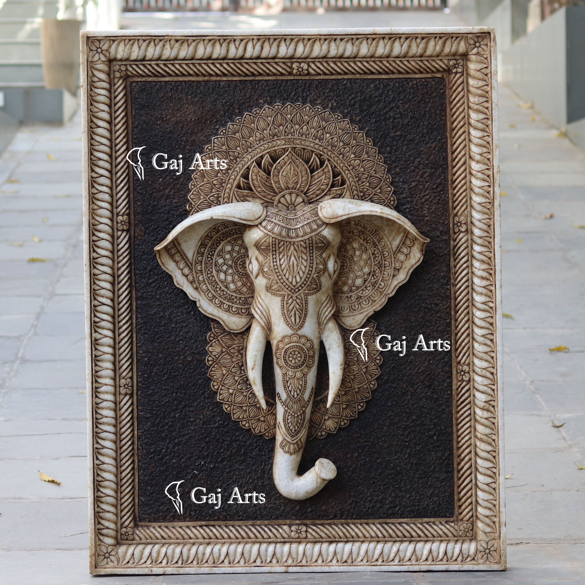 White Antique Finish Marble Elephant Face Wall Panel | 48 Inch