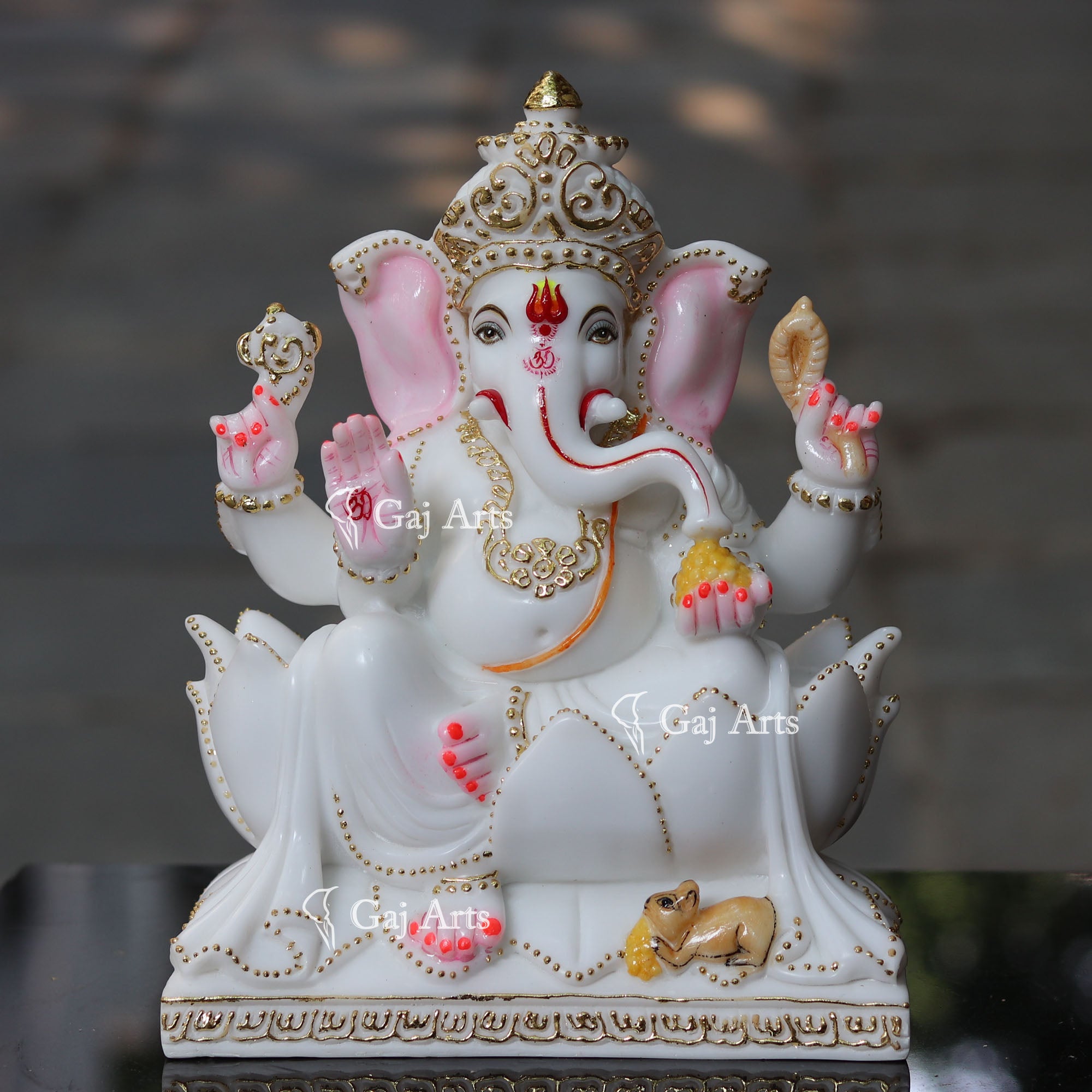 Marble Ganesh Statue on Lotus | 12 Inch