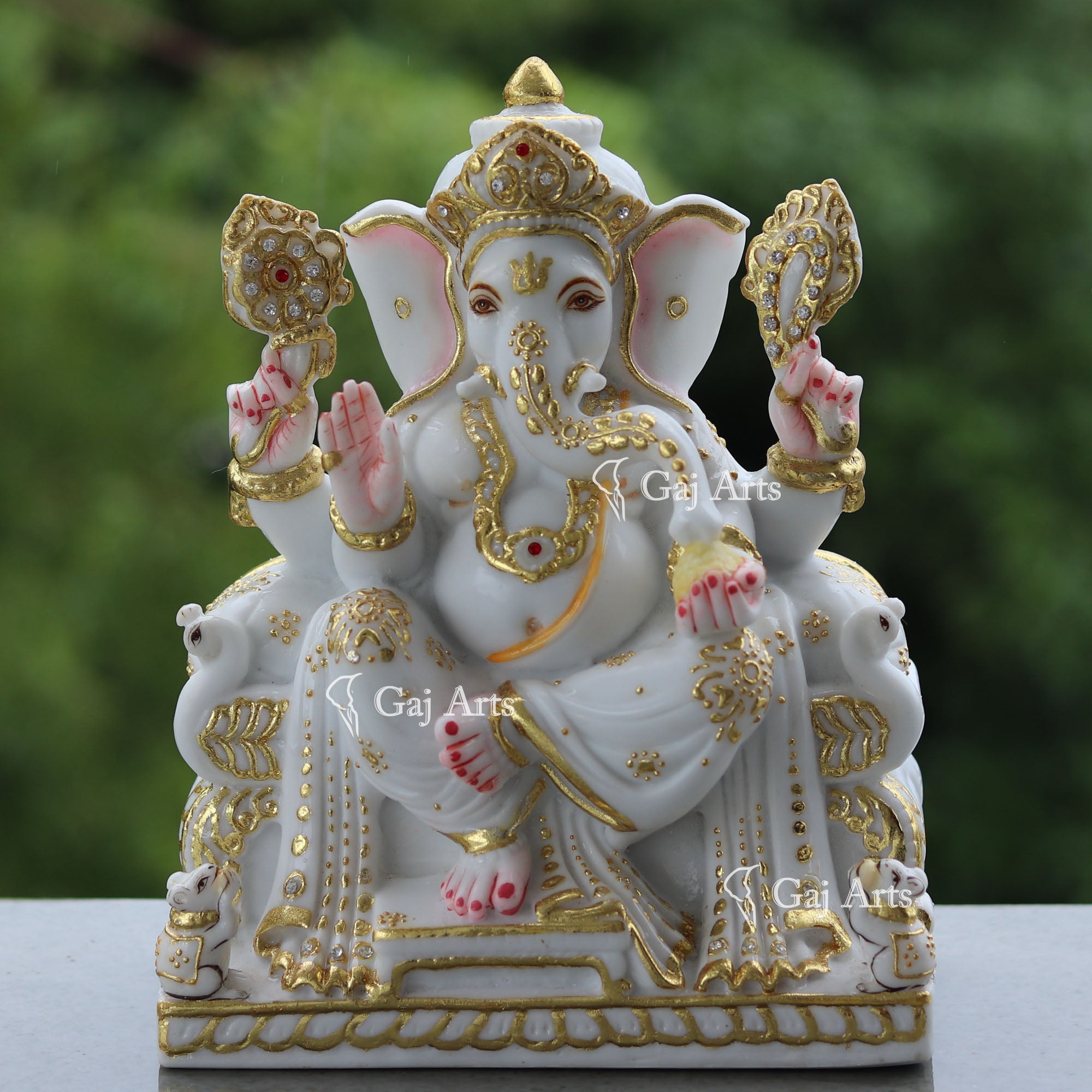Marble Ganpati Idol on Singhasan Base | 9 Inch