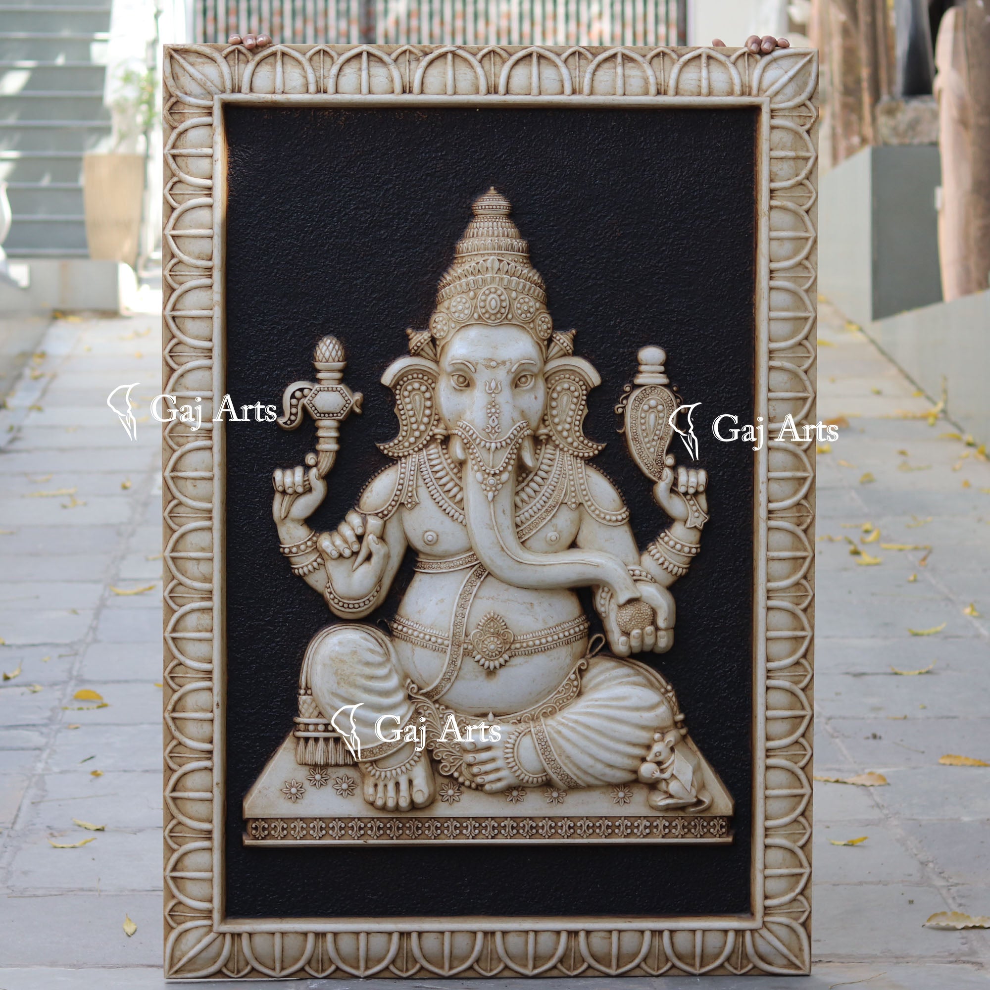 White Antique Finish Marble Ganpati Wall Panel Sea Foam Art | 60 Inch