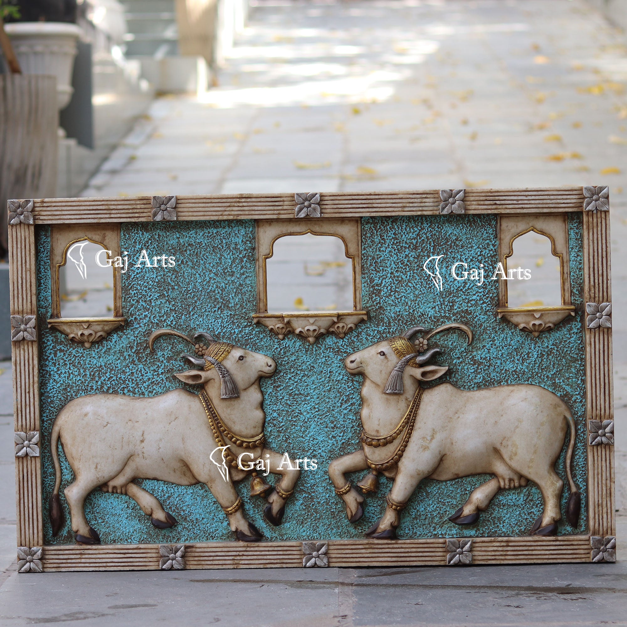 White Marble Jharokha with Cow Sculpture | 40 Inch