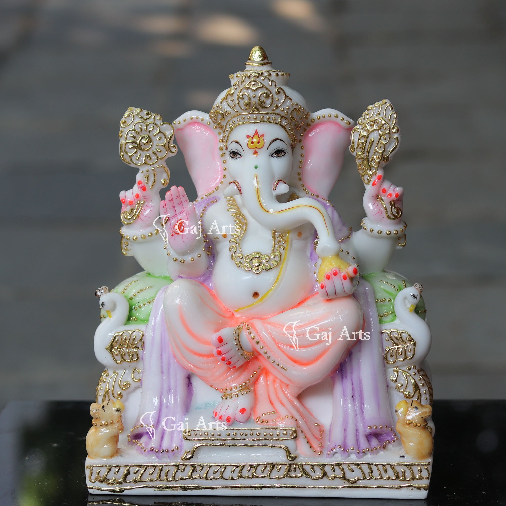 White Marble Ganpati Idol on Singhasan | 12 Inch