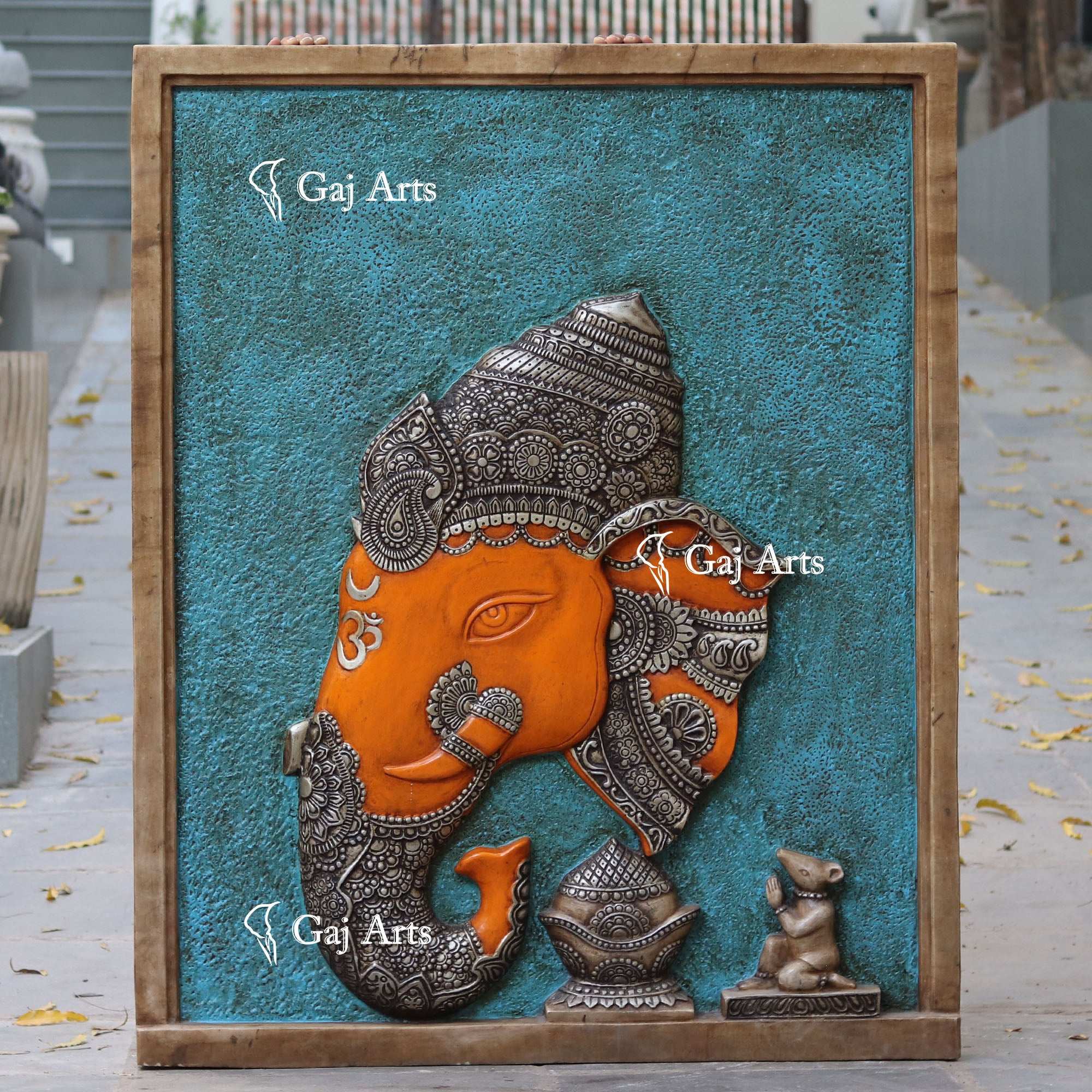 White Antique Finish Marble Ganpati Face Wall Panel | 60 Inch
