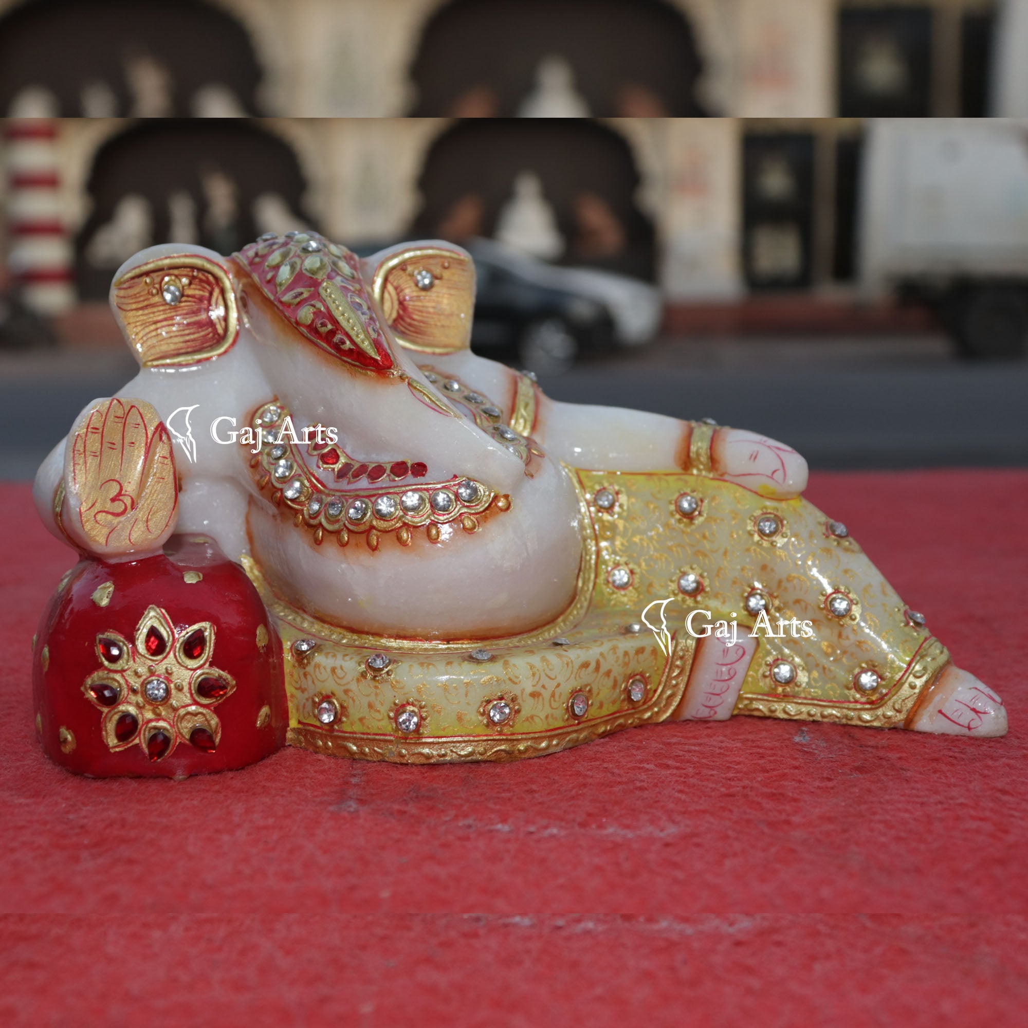 Hand Painted Marble Reclining Ganpati Idol | 4 Inch