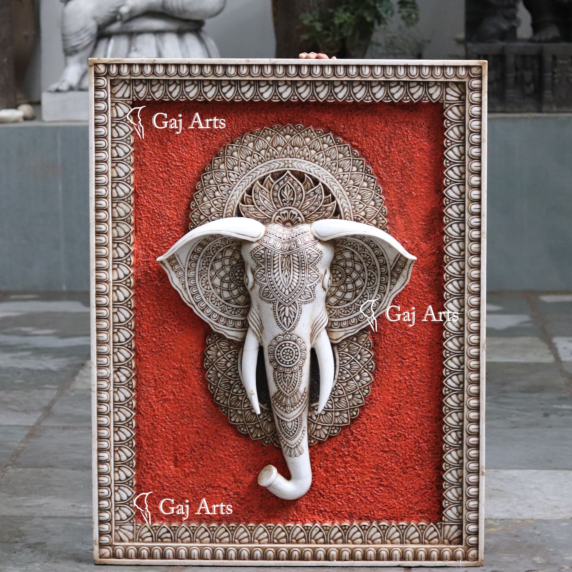 White Antique Finish Marble Elephant Face Wall Panel | 48 Inch