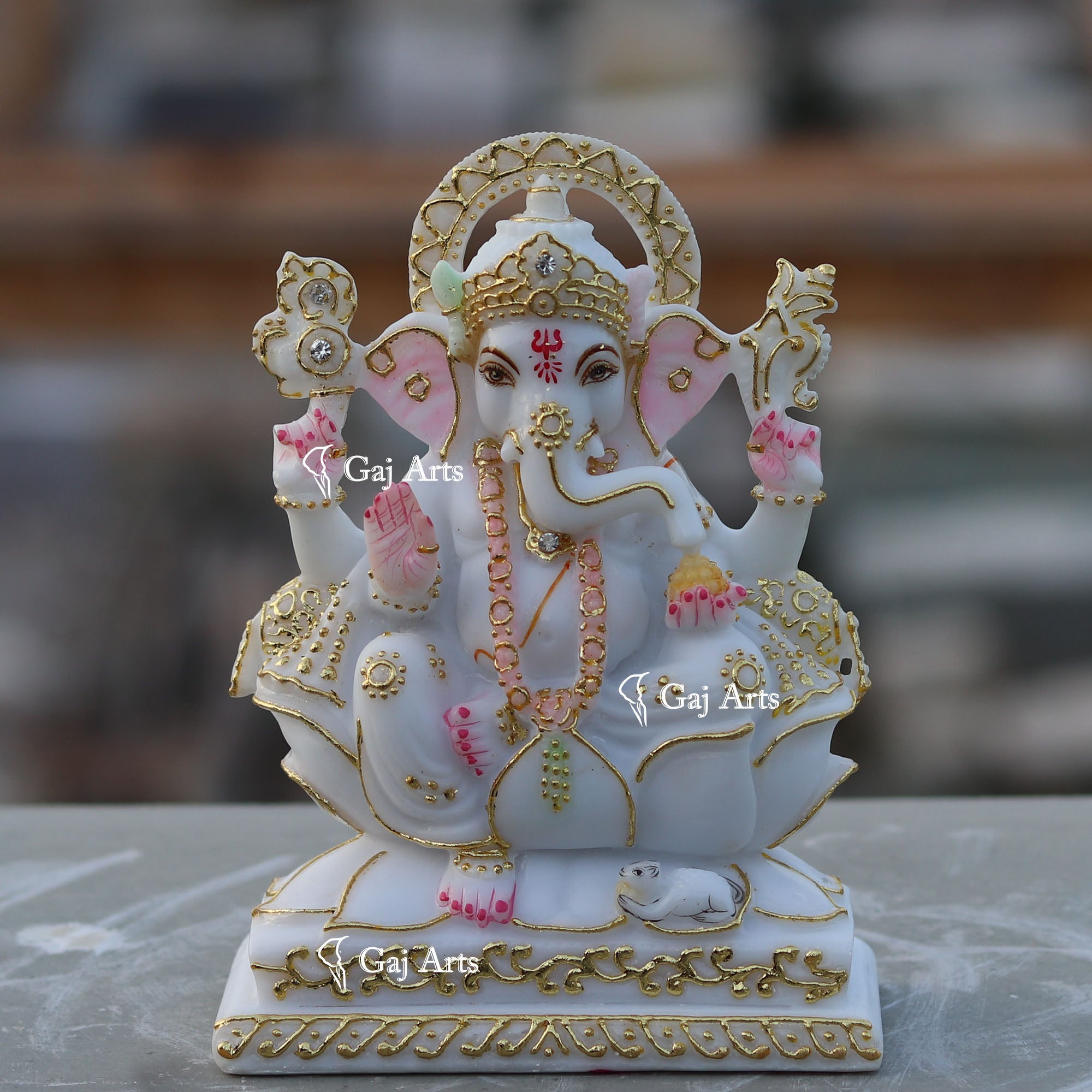Marble Ganesh Idol with Gold Detailing | 7 Inch