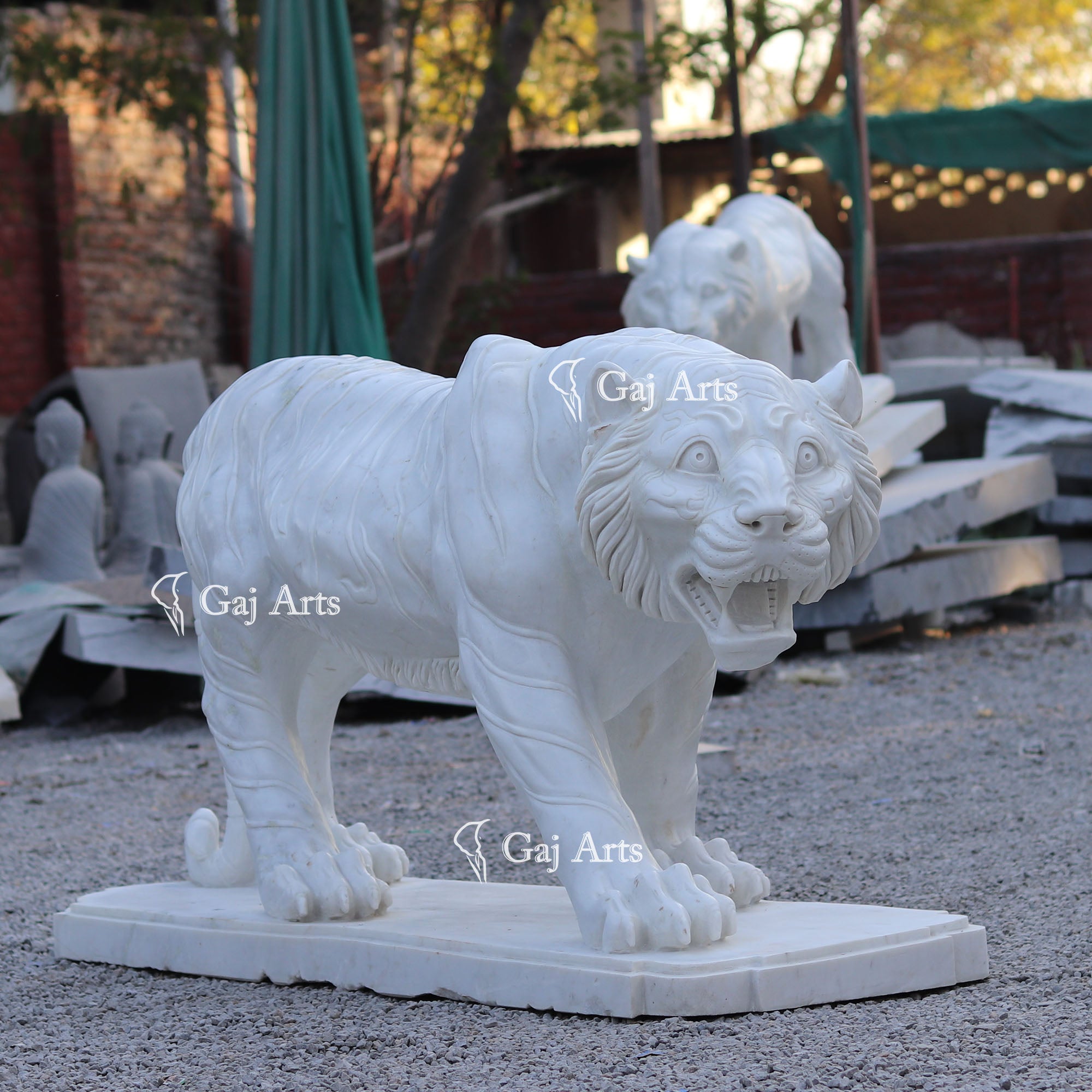 White Marble Royal Tiger Sculpture | 66 Inch