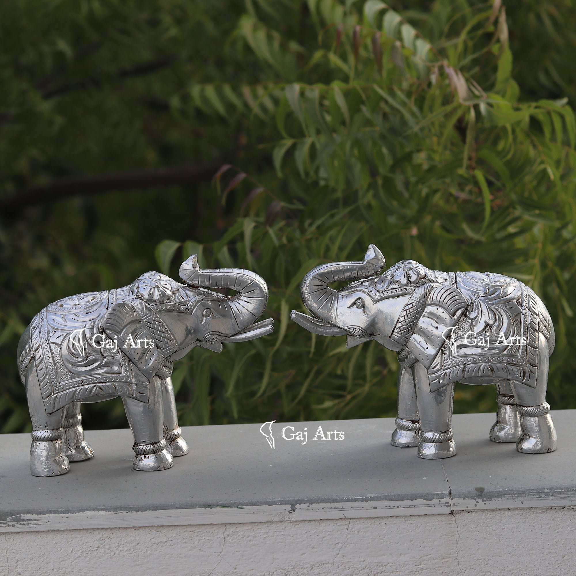 Wooden Elephant Statue with Silver Metal Work | 9 Inch