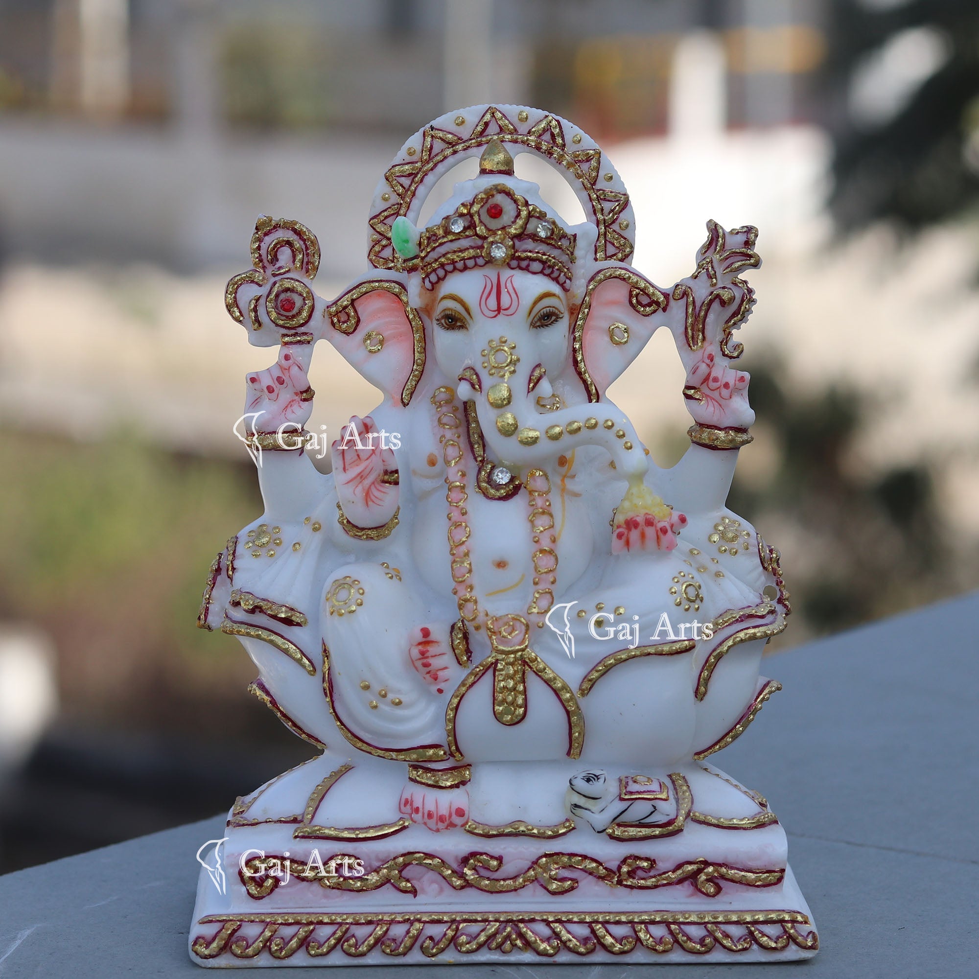 Hand Painted Marble Ganesh Idol with Detailing | 7 Inch