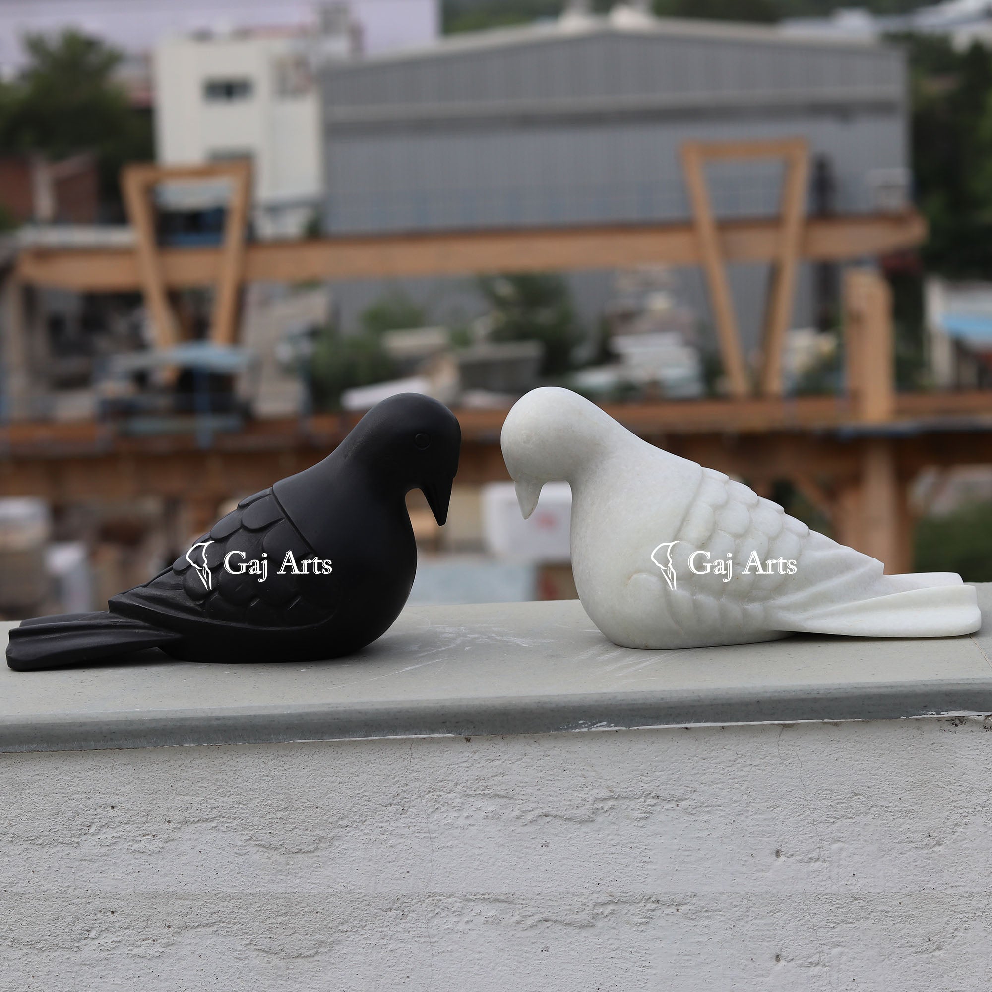 White & Black Marble Pigeon Sculpture | 9 Inch