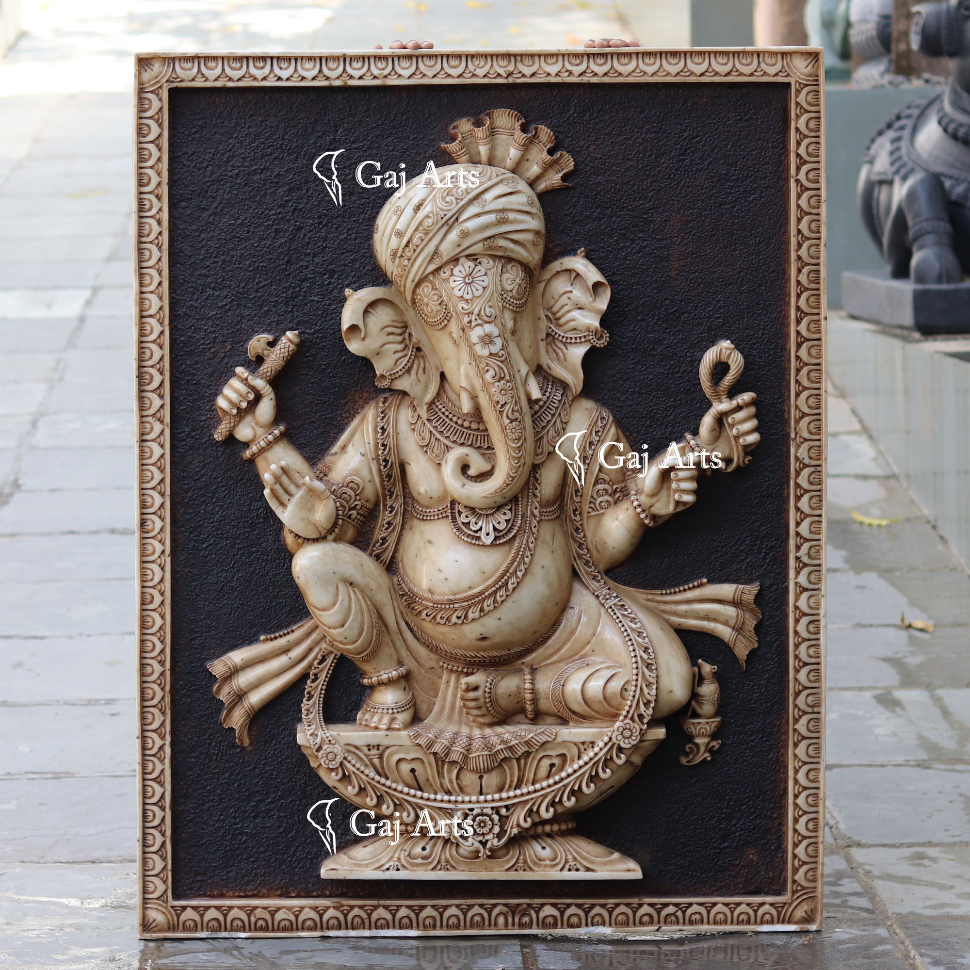White Antique Finish Marble Ganpati Wall Panel | 54 Inch