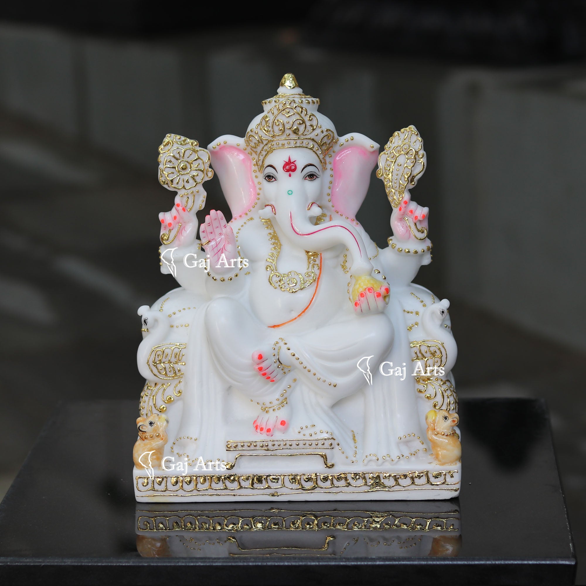 Marble Ganpati Statue on Singhasan Base | 12 Inch