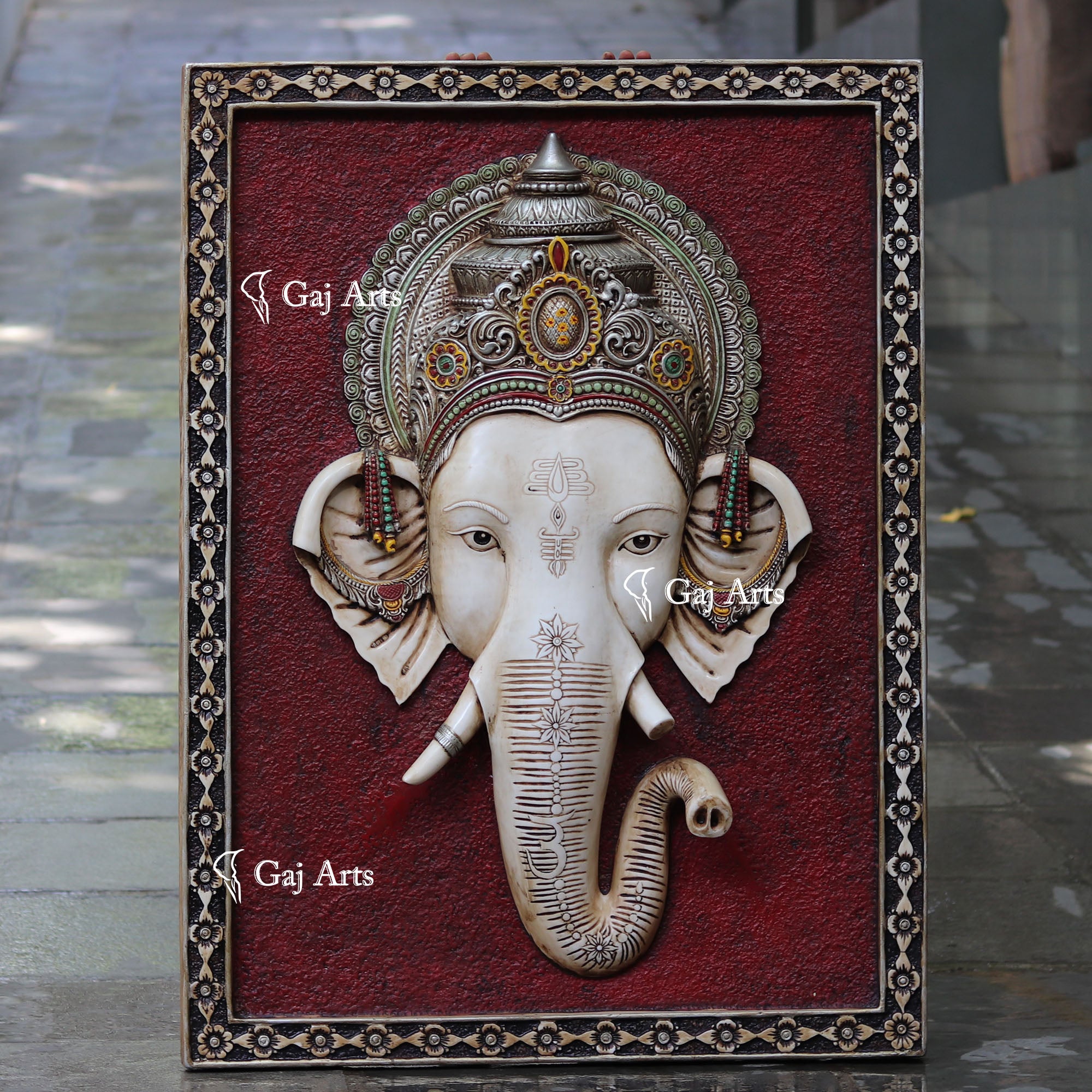 White Antique Finish  Ganpati Face Wall Panel | 48 Inch