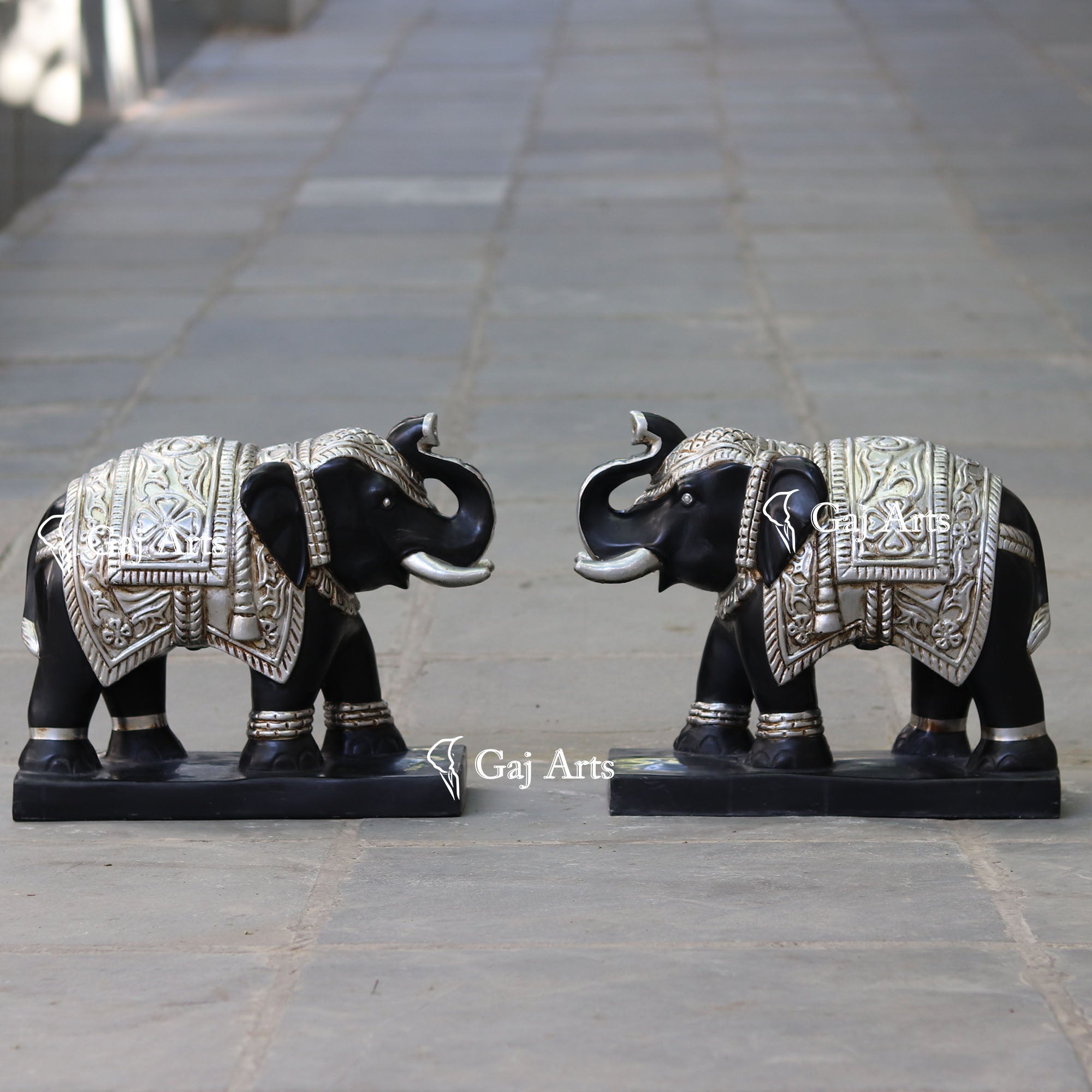 Black Marble Korean Silver Elephant Statue | 18 Inch