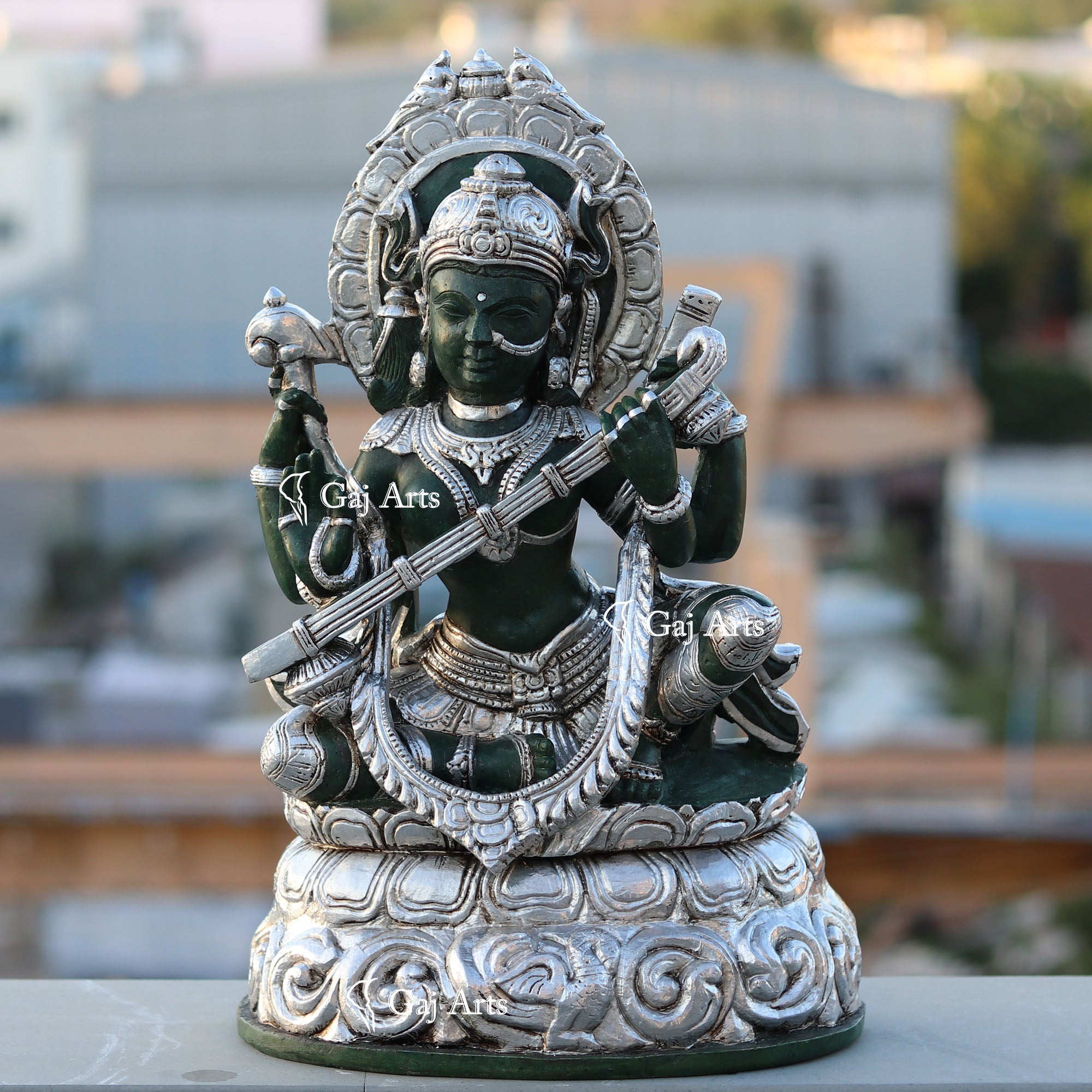 Green Marble Saraswati Mata Statue | 21 Inch