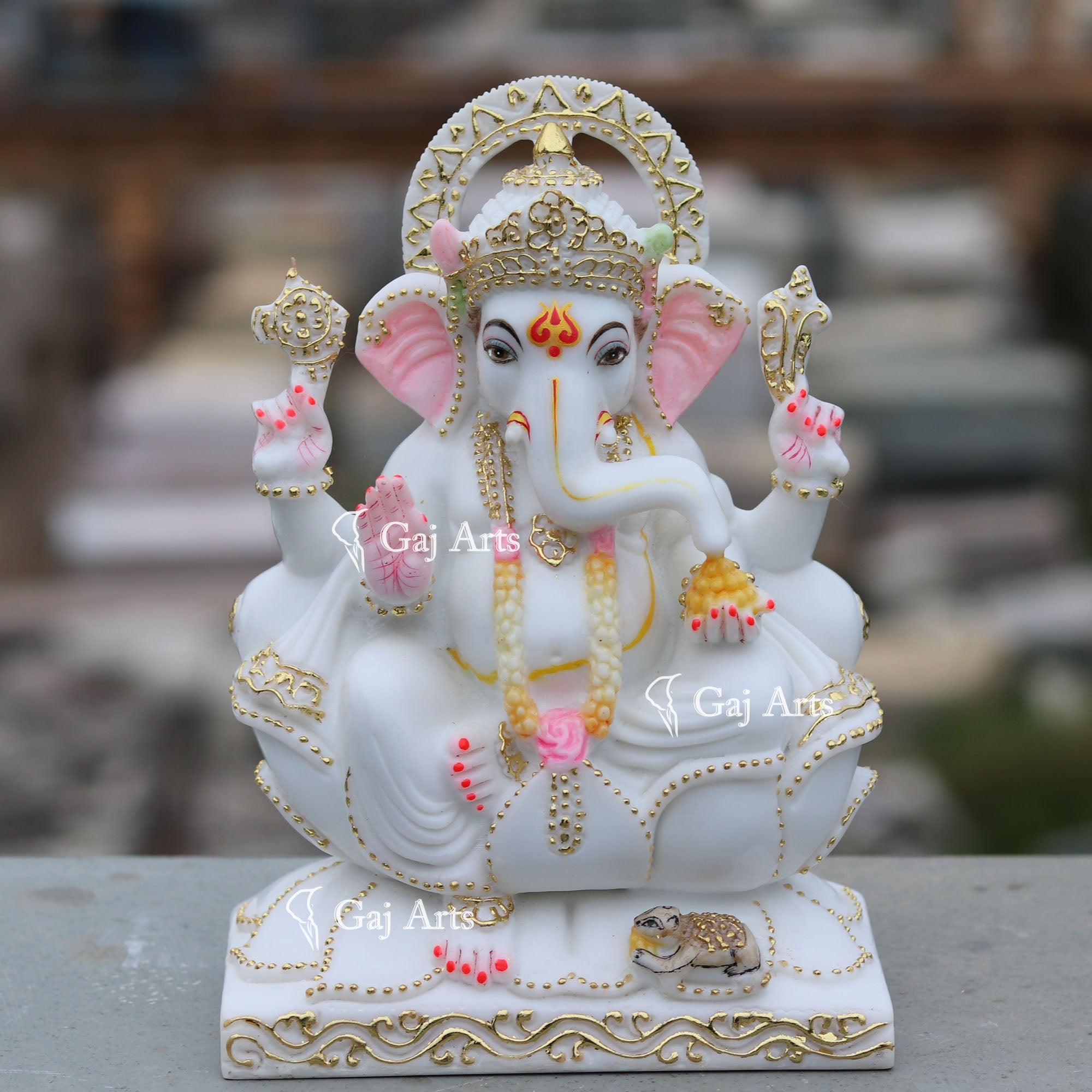 Marble Ganesh Idol on Lotus Base | 10 Inch