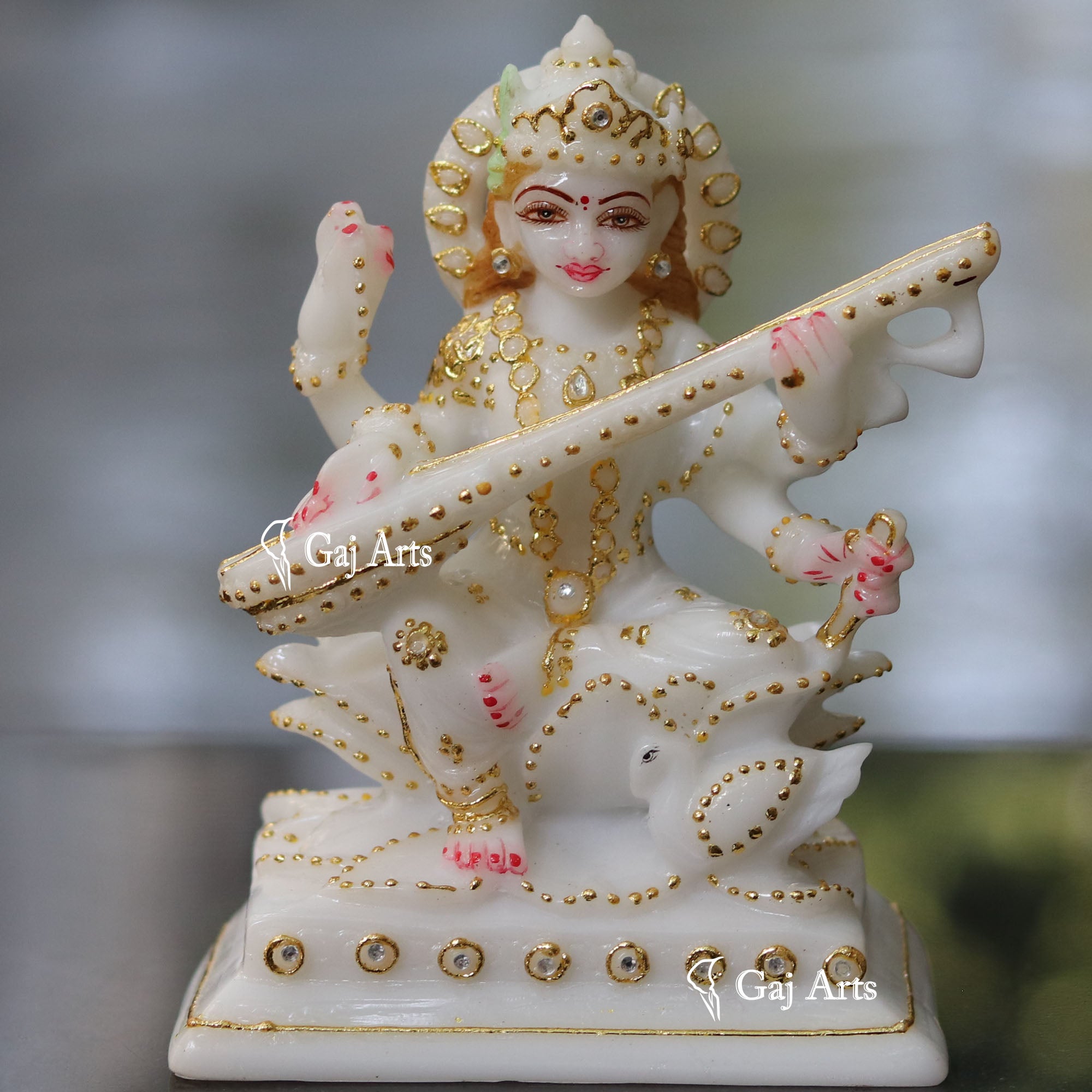 White Marble Saraswati Maa Idol | 6 Inch
