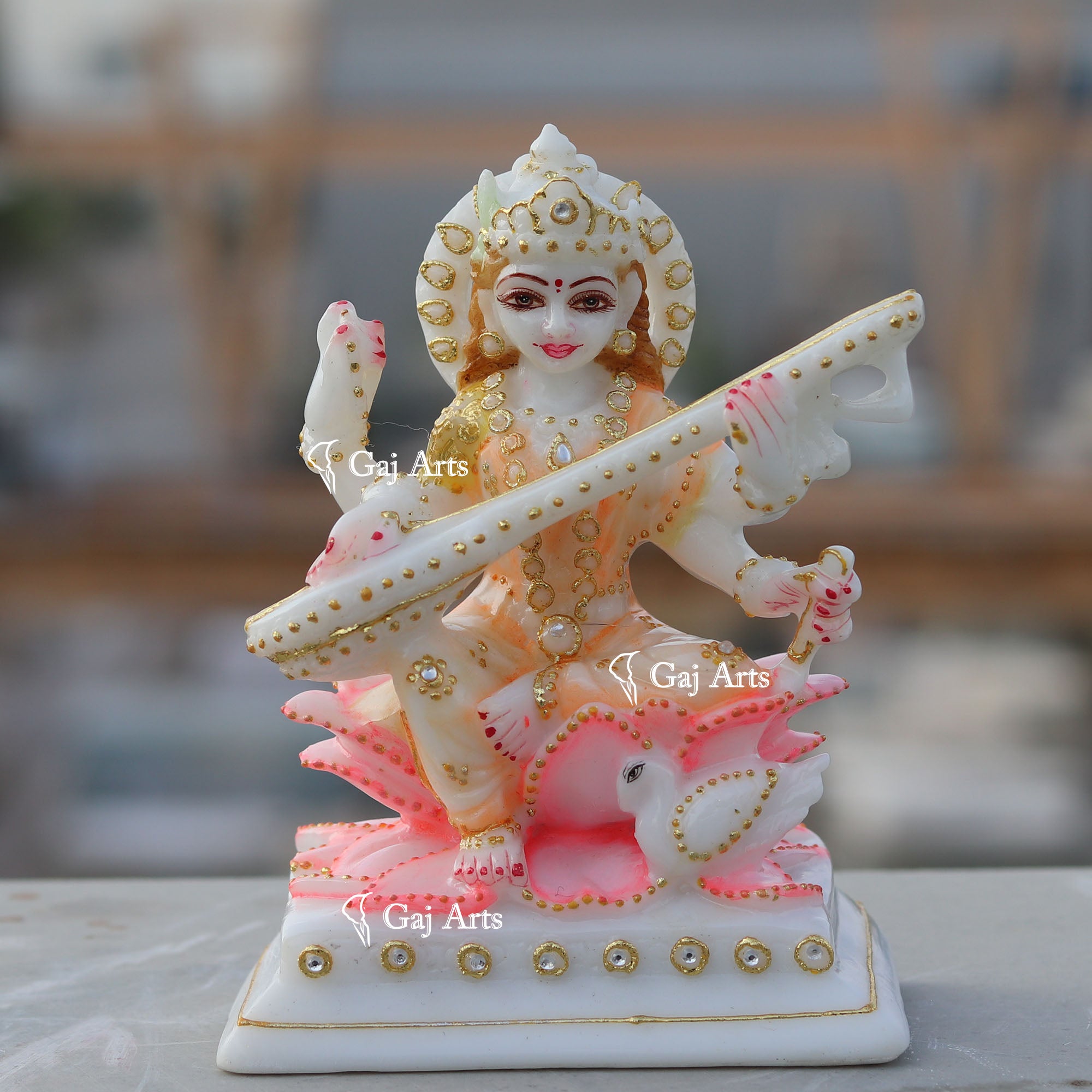 White Ethiopia Marble Saraswati Maa Idol | 6 Inch