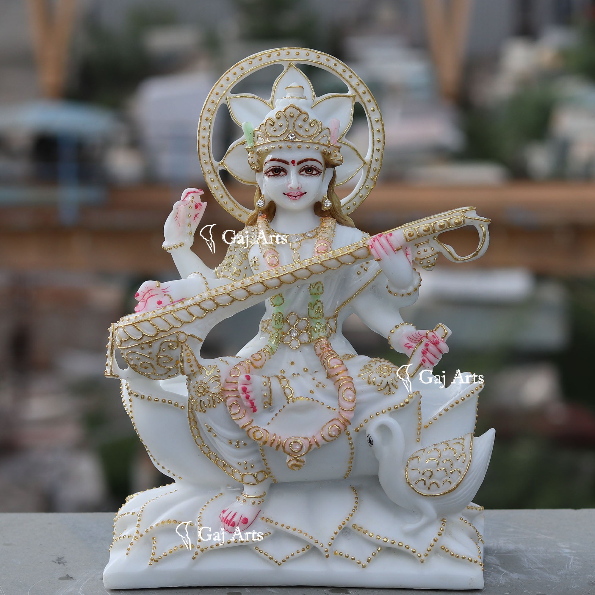 White Ethiopia Marble Saraswati Mata Statue | 12 Inch