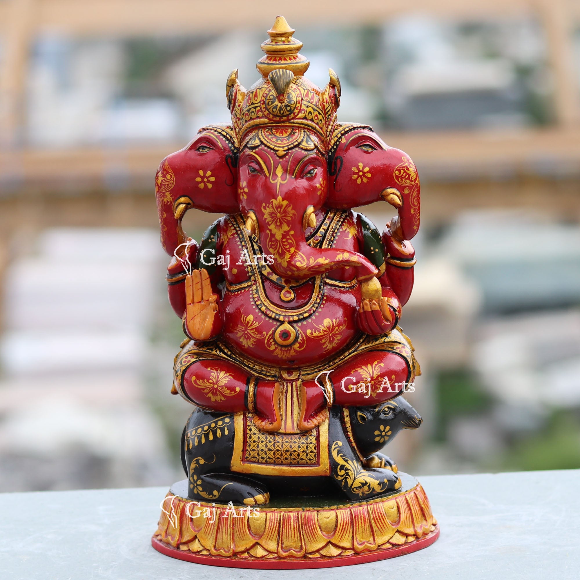 Handcrafted Wooden Trimukhi Ganesh Idol | 12 Inch