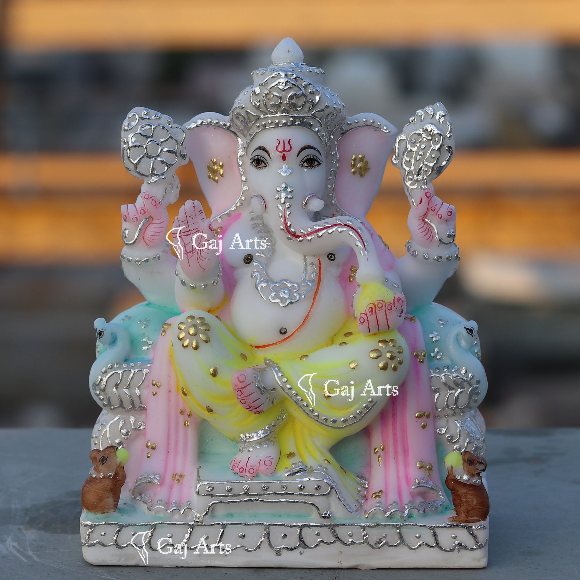 White Marble Ganesh Statue with Silver Work | 7 Inch
