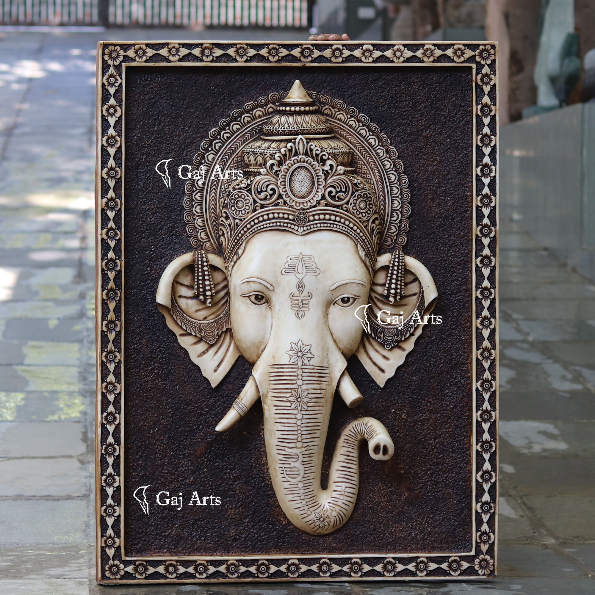 White  Antique Finish  Ganpati Face Wall Panel | 48 Inch