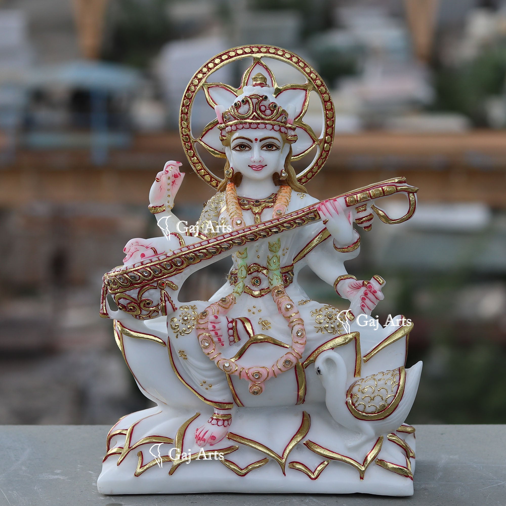 White Ethiopia Marble Saraswati Mata Statue | 12 Inch