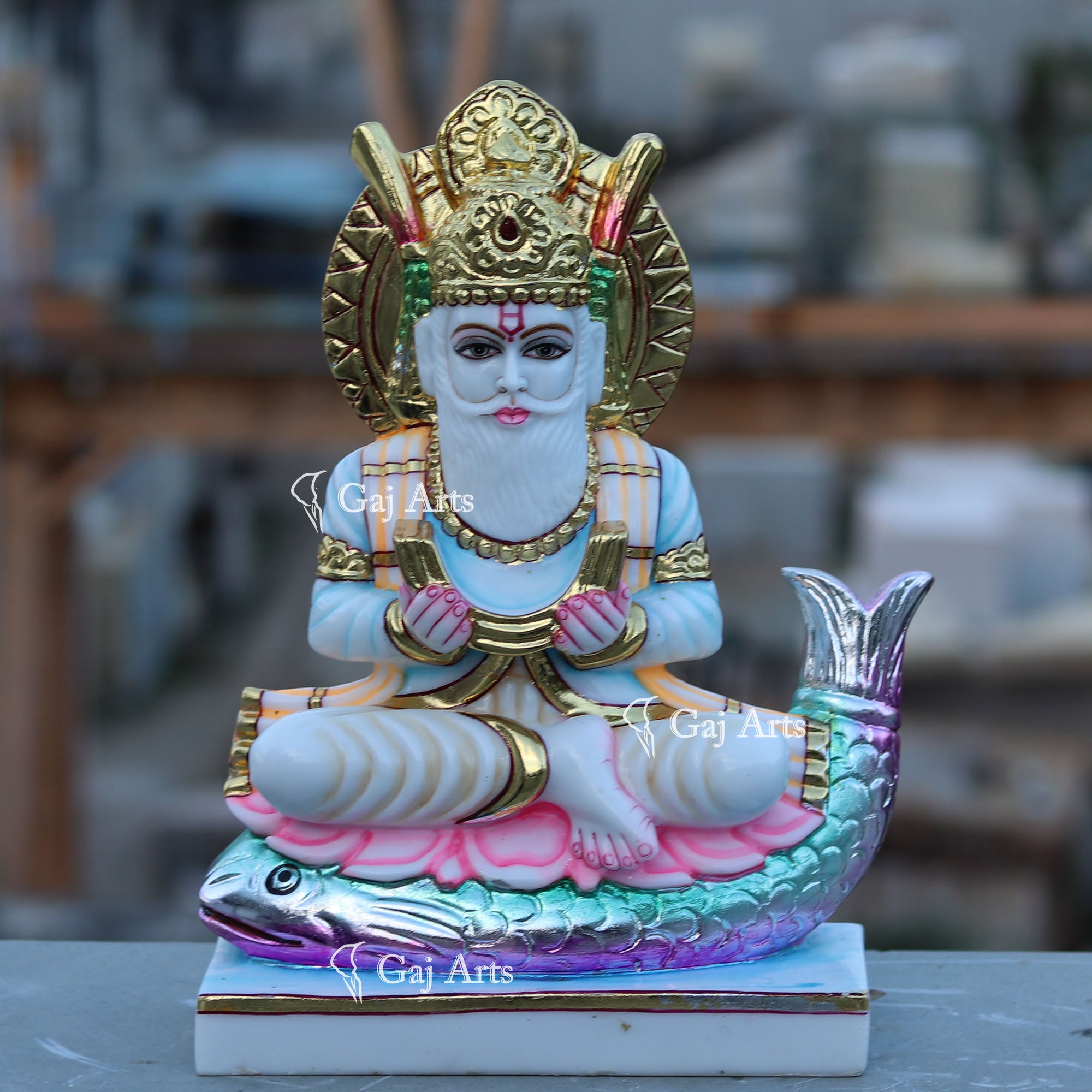 Marble Jhulelal Idol Seated on Palla Fish | 15 Inch