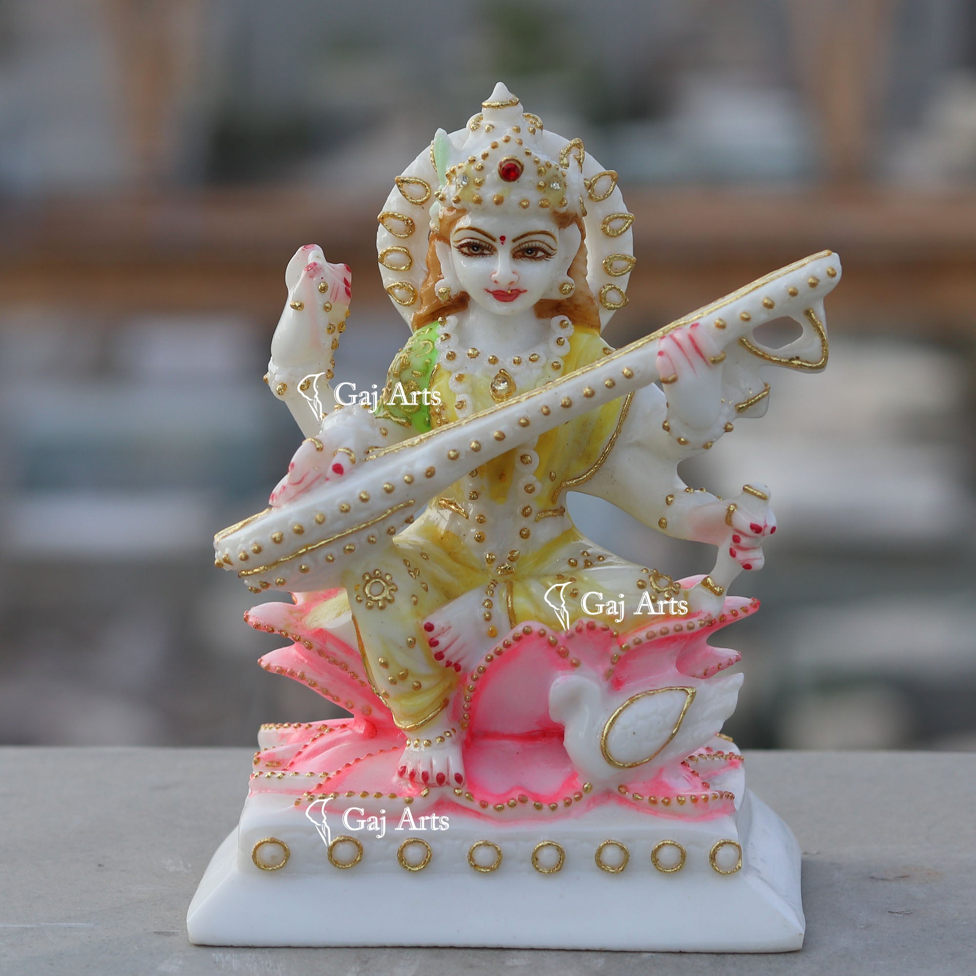 White Ethiopia Marble Saraswati Maa Idol | 6 Inch