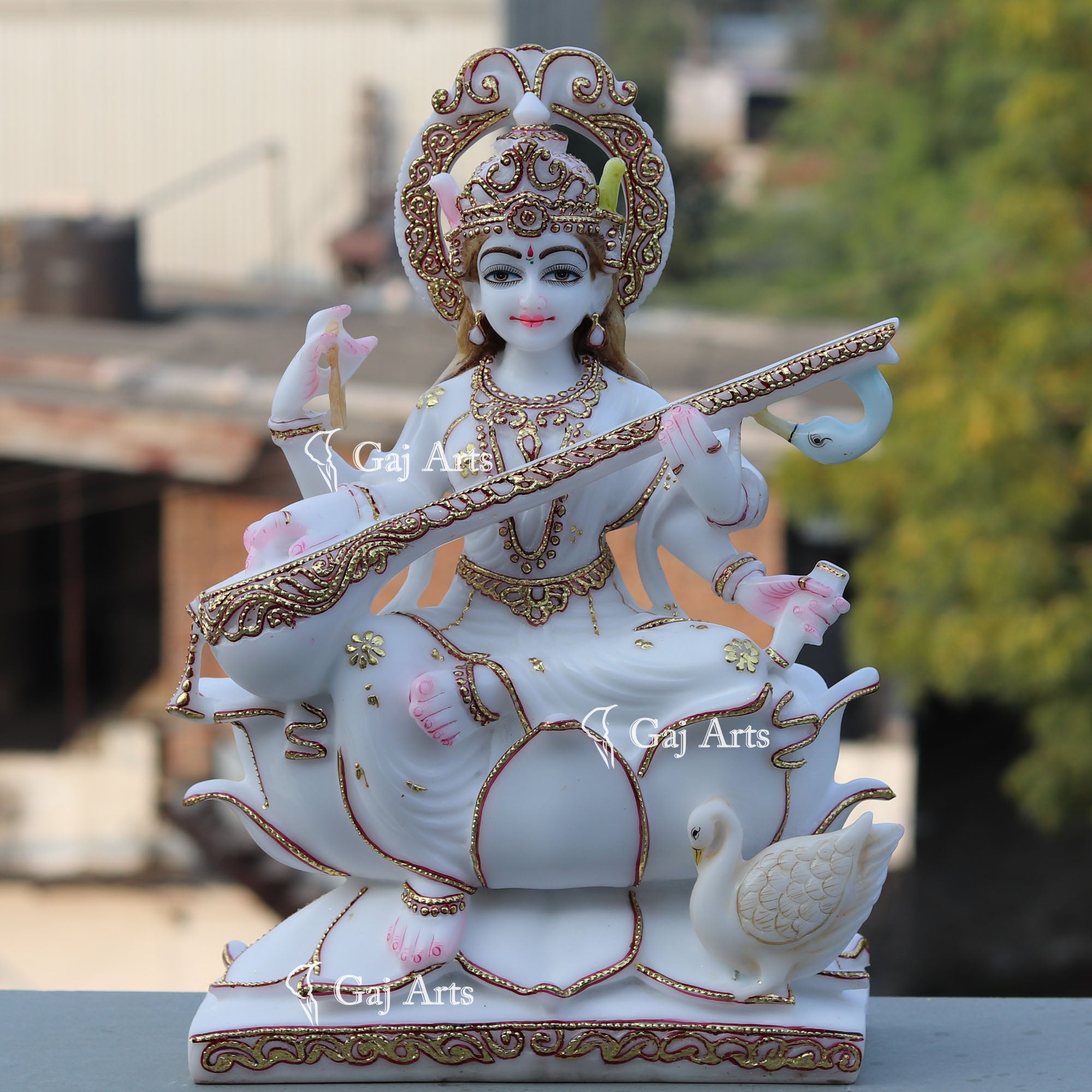White Marble Saraswati Mata Murti | 18 Inch