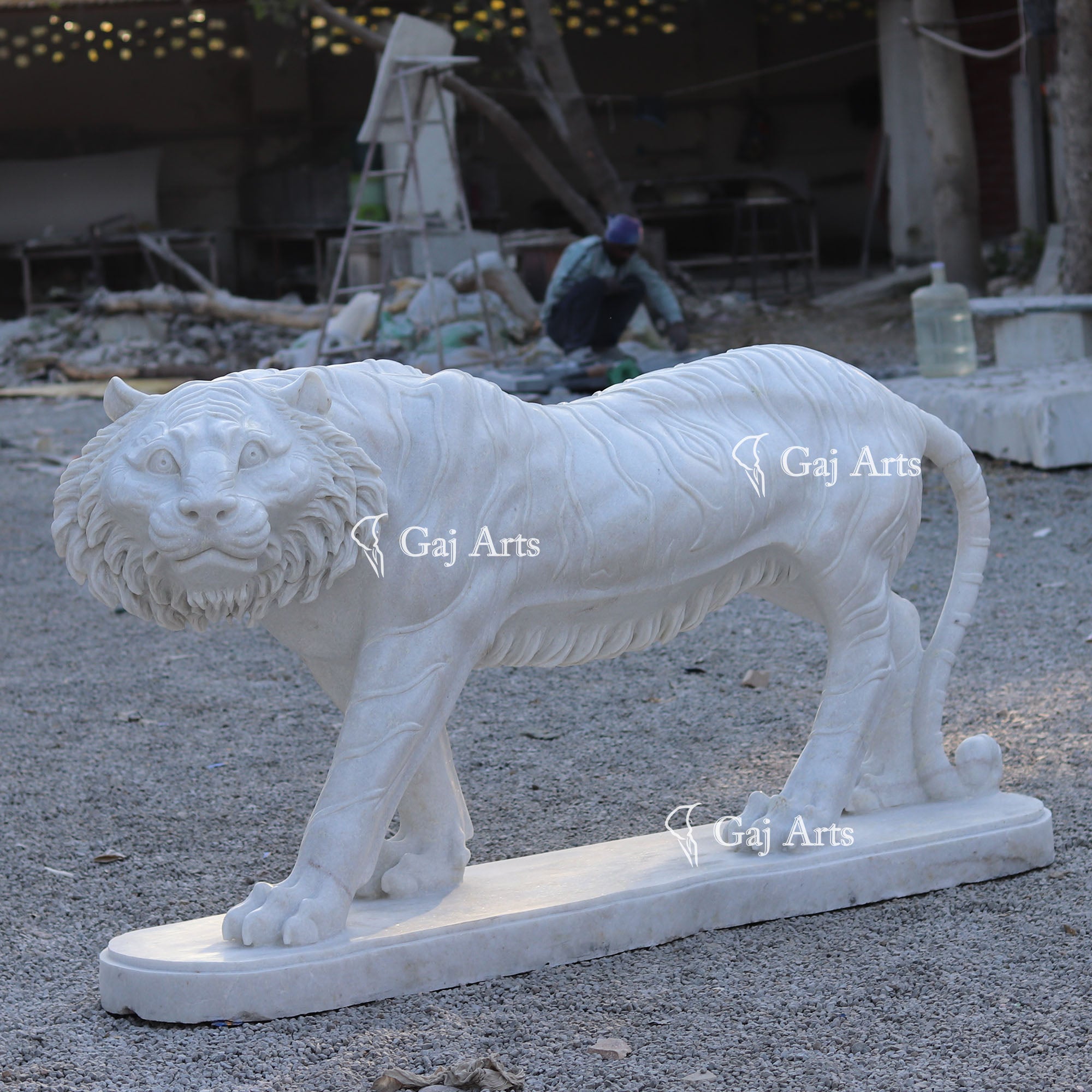 White Marble Grand Tiger Sculpture | 72 Inch