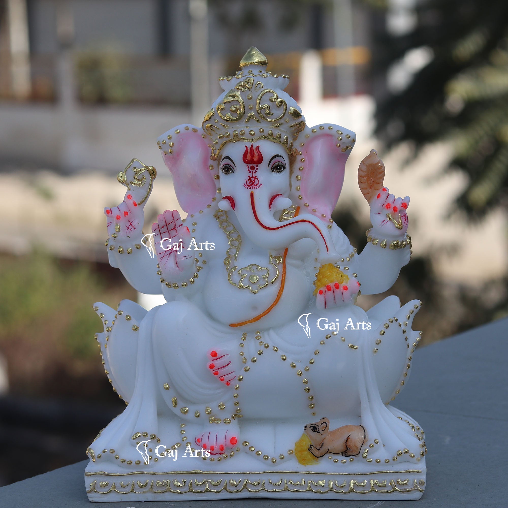 Marble Ganesh Idol on Lotus Base | 9 Inch