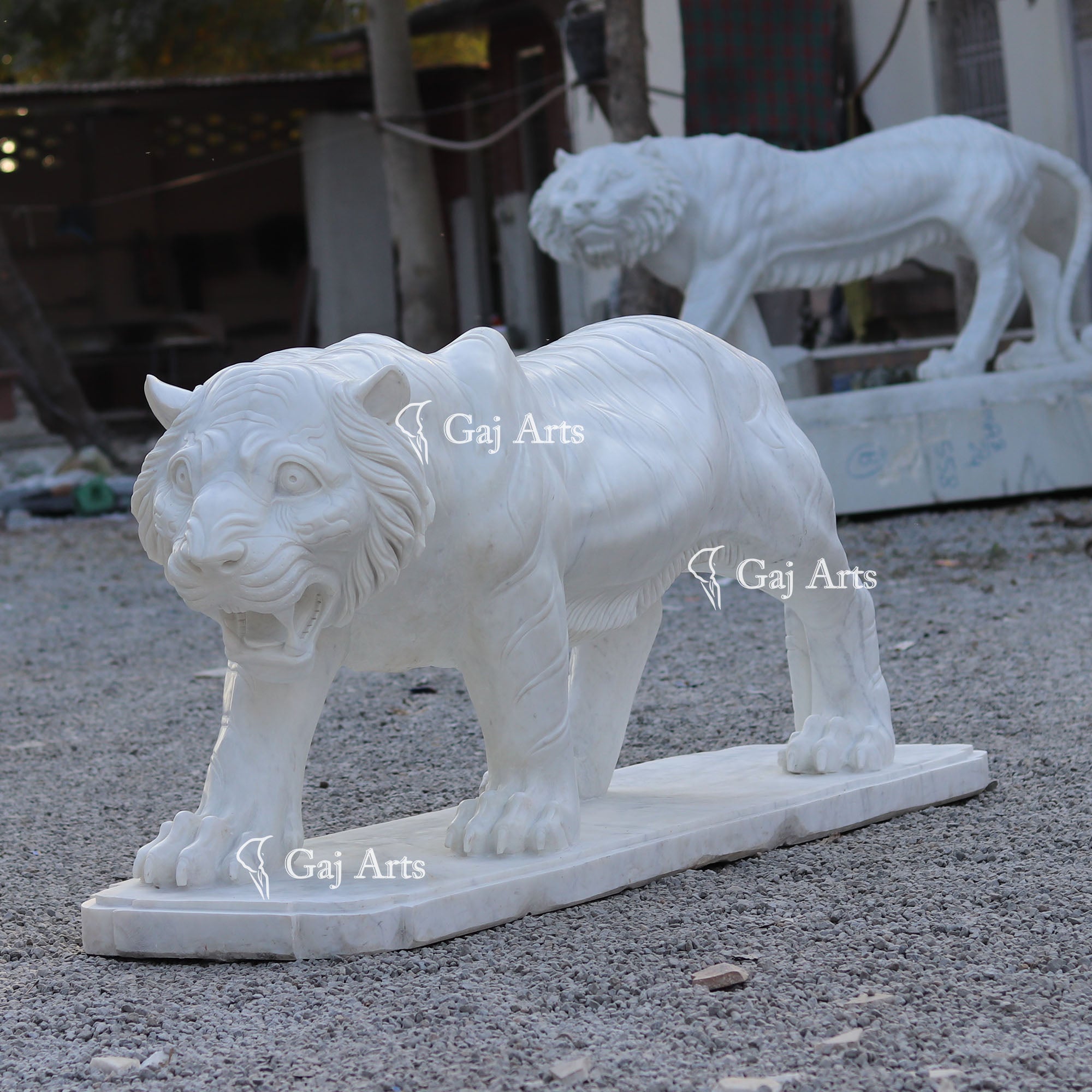 White Marble Tiger Sculpture | 68 Inch