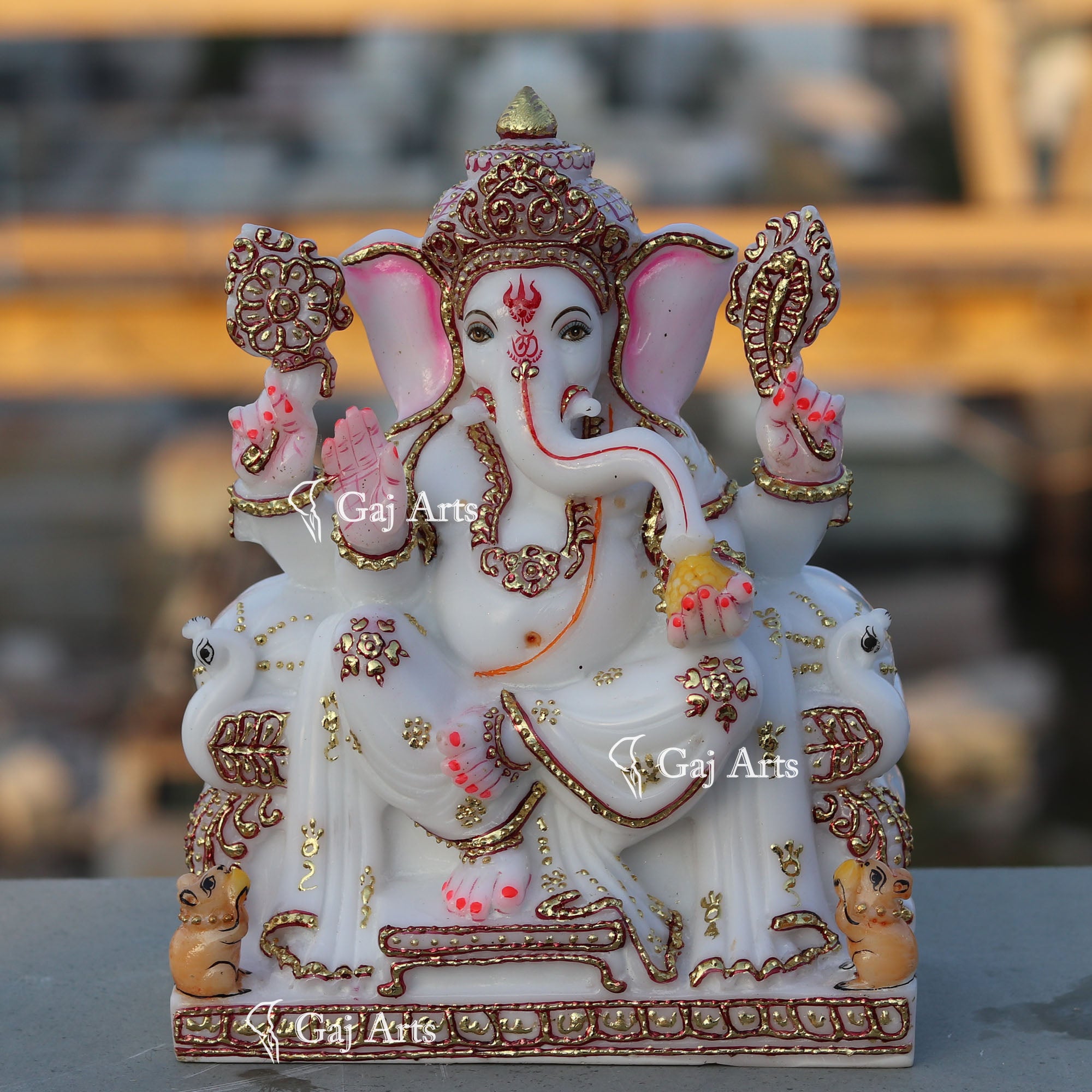 White Marble Ganpati Idol on Singhasan | 9 Inch