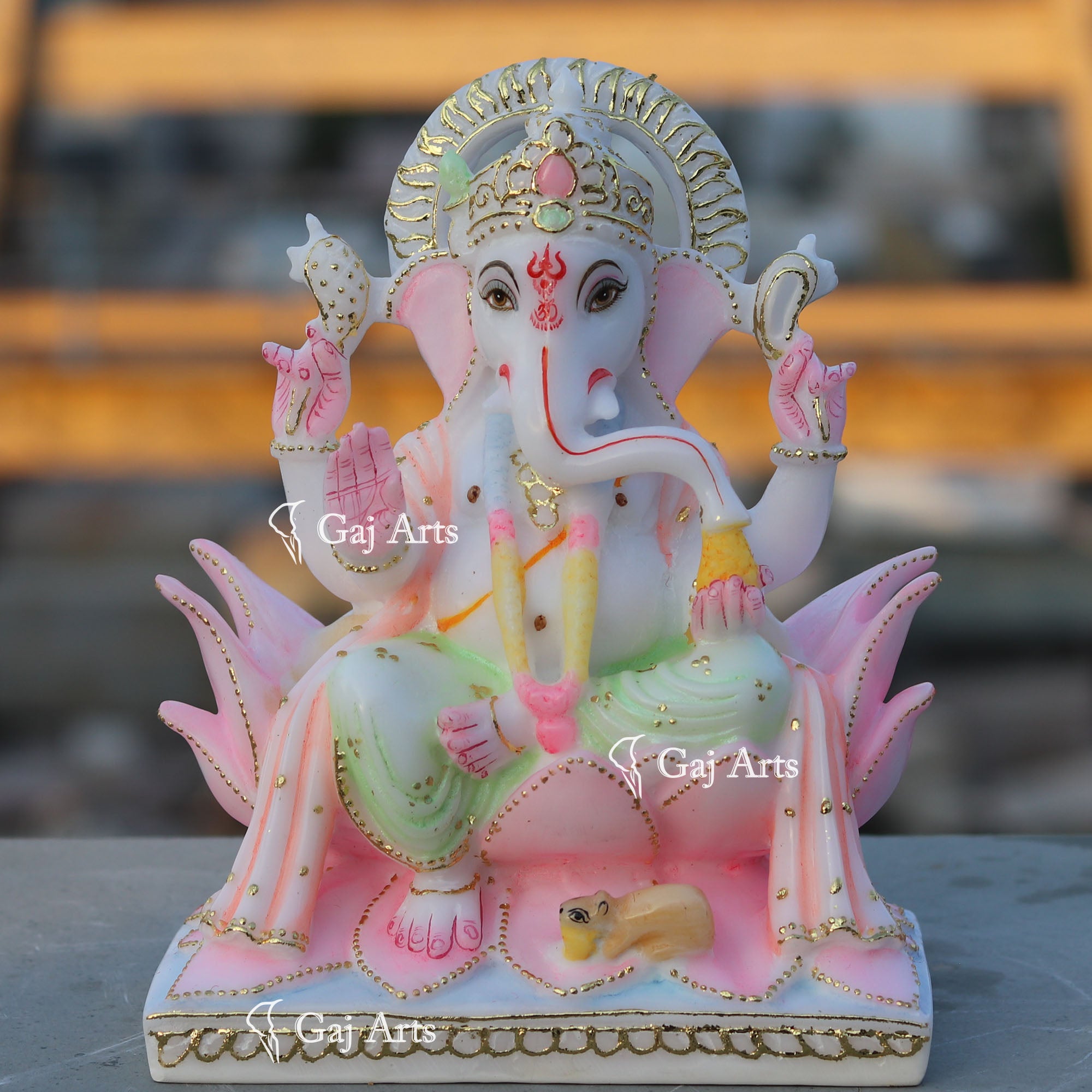 Marble Ganesh Idol on Lotus Base | 9 Inch