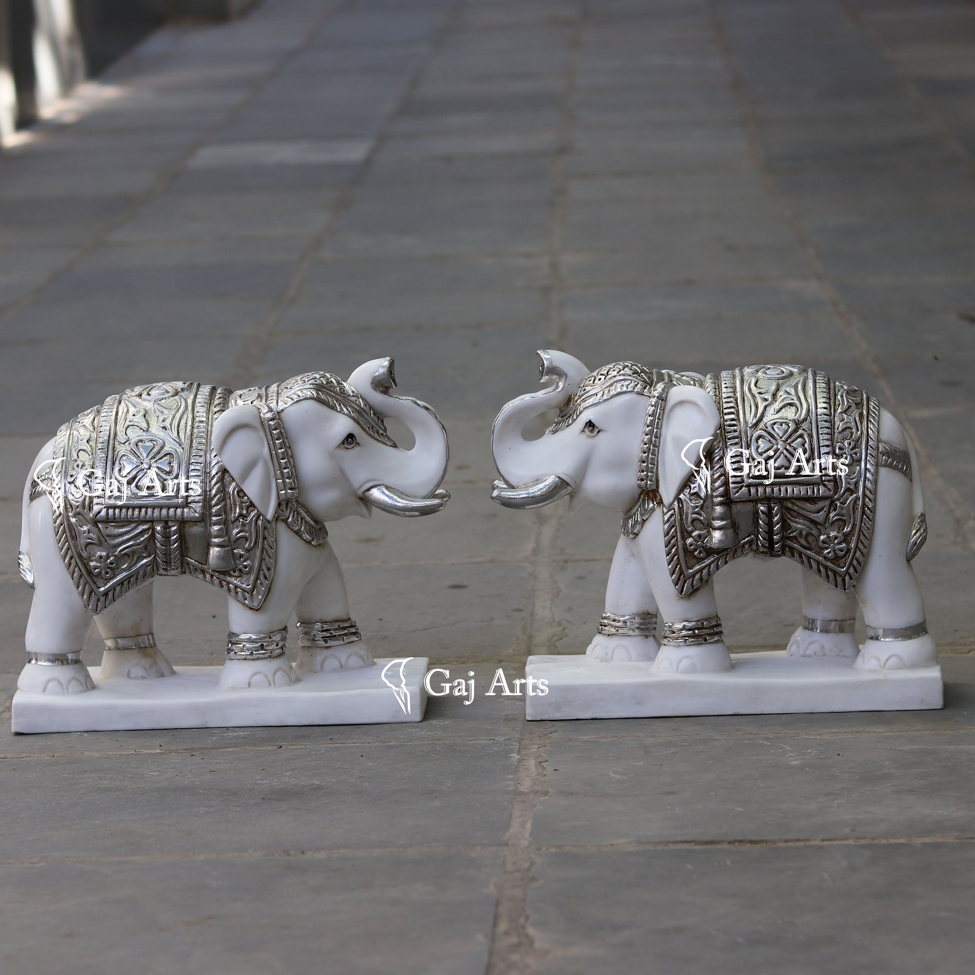 White Marble Korean Silver Elephant Statue | 18 Inch