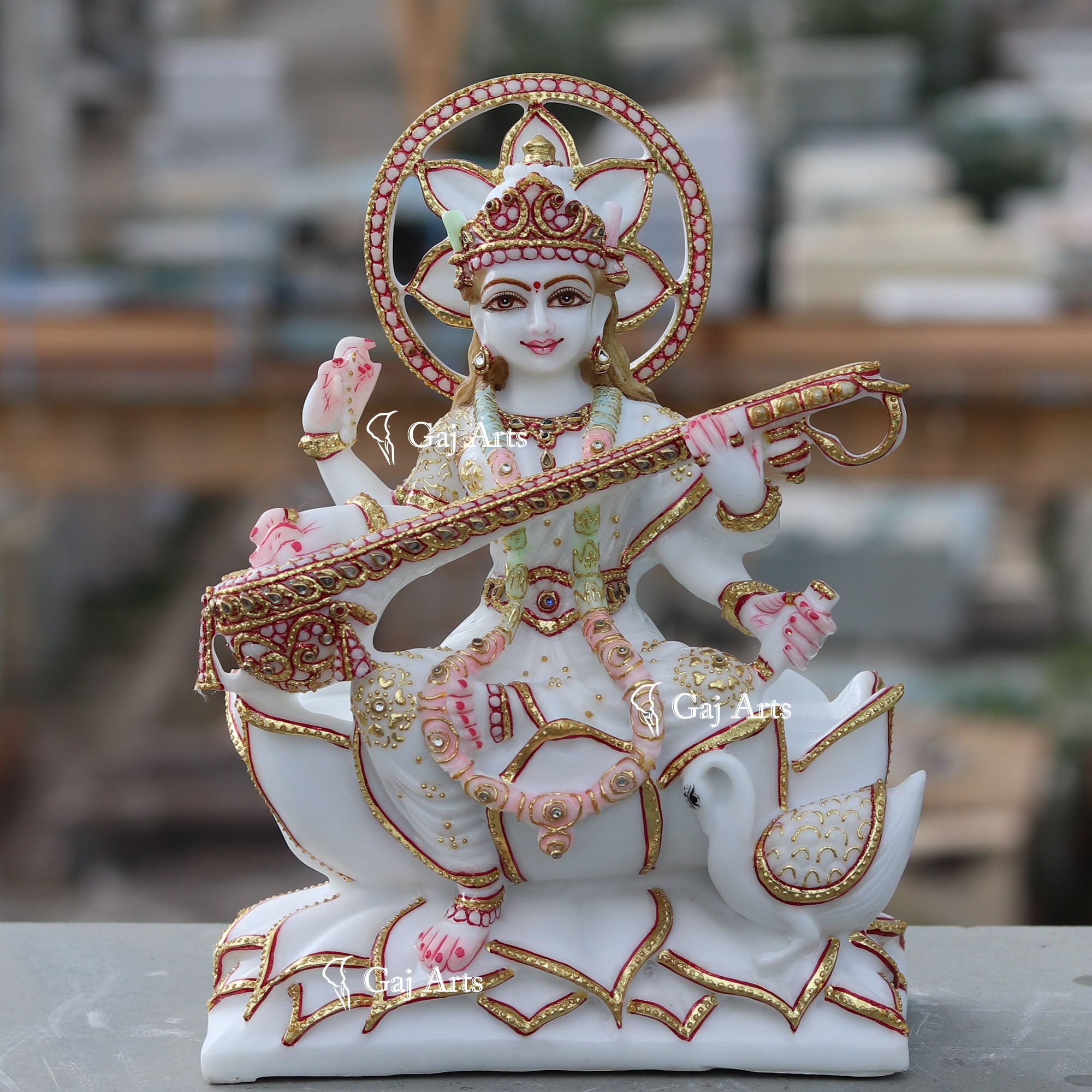 White Ethiopia Marble Saraswati Mata Statue | 12 Inch