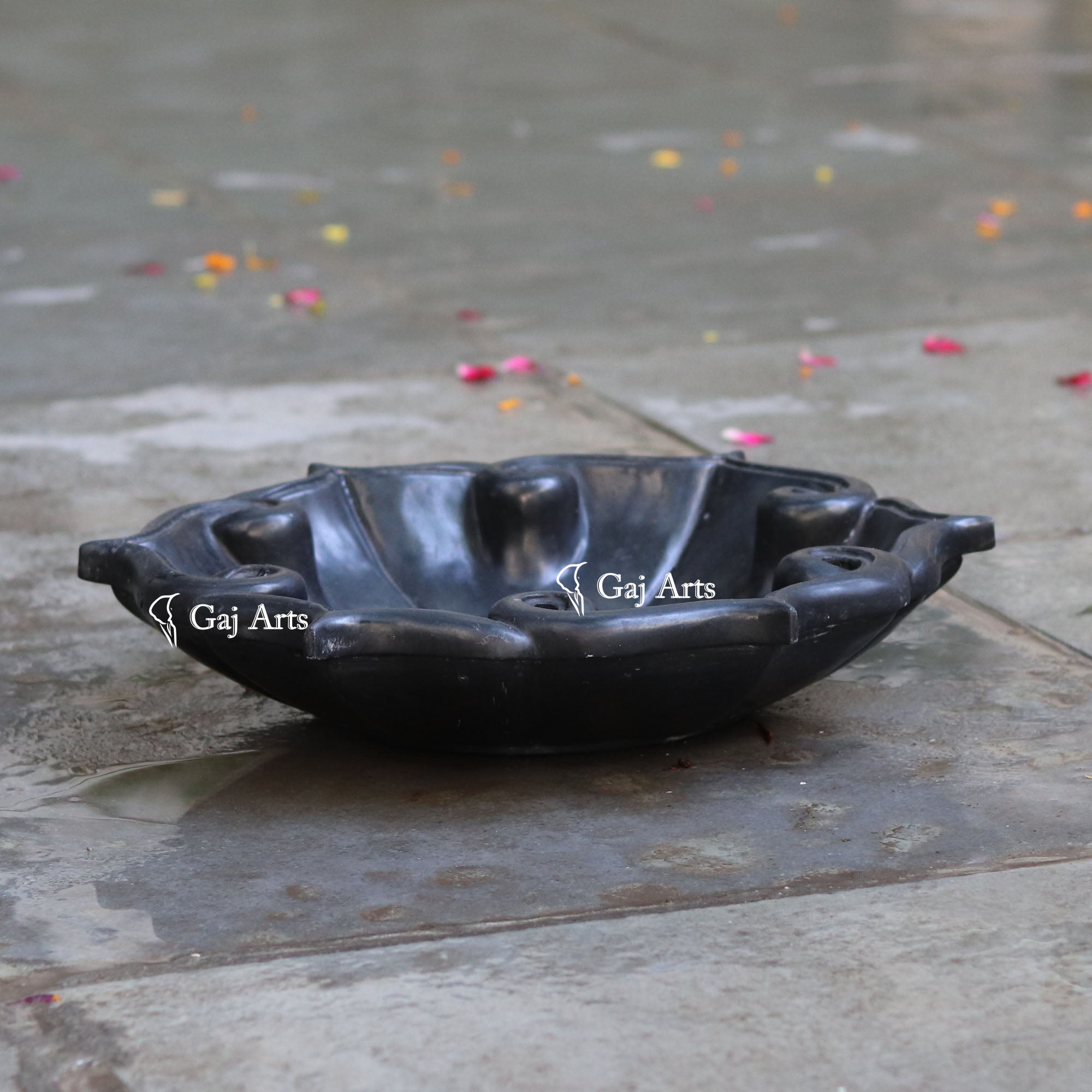 Black Marble Decorative Floral Bowl | 15 Inch