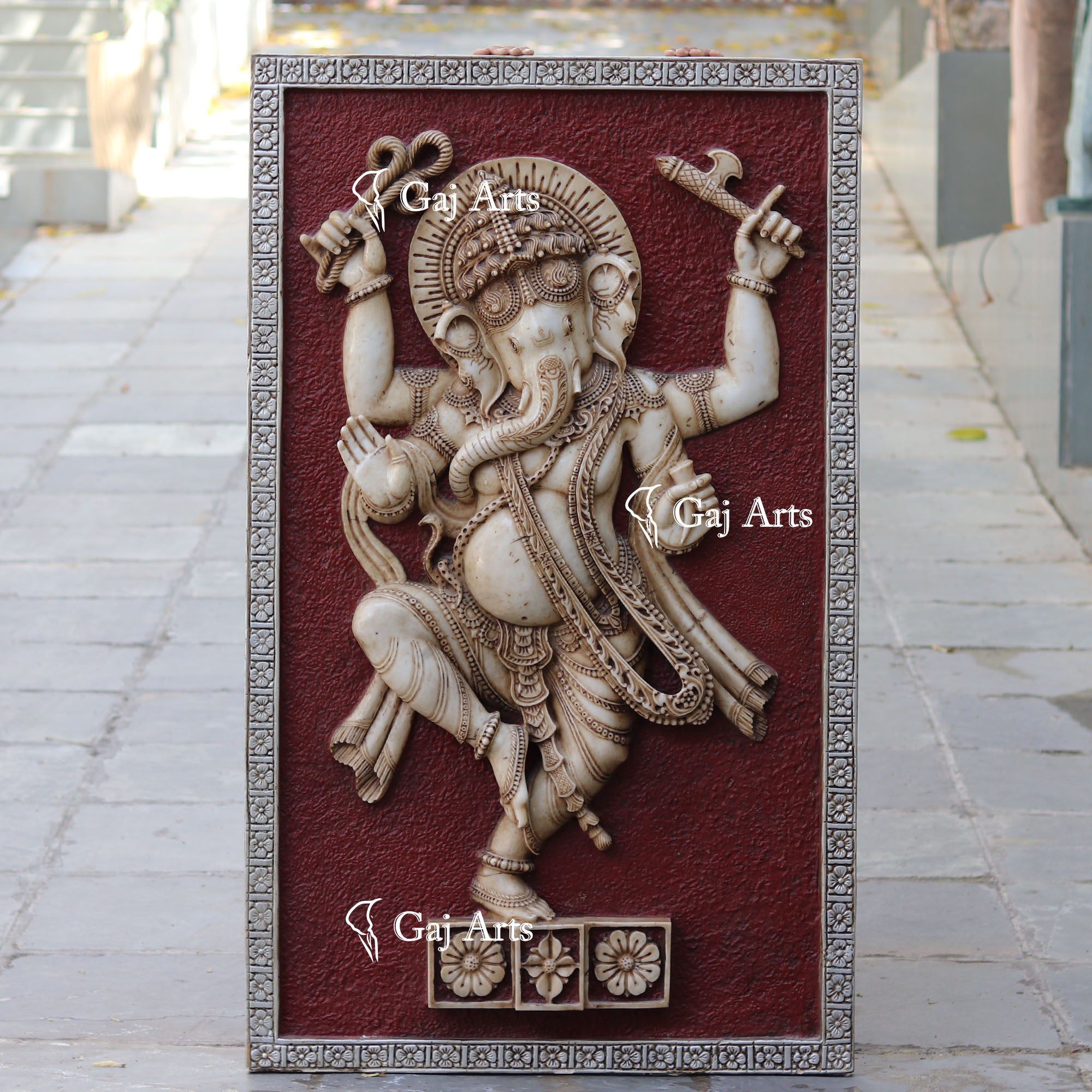 White Antique Finish Marble Dancing Ganpati Wall Panel | 60 Inch